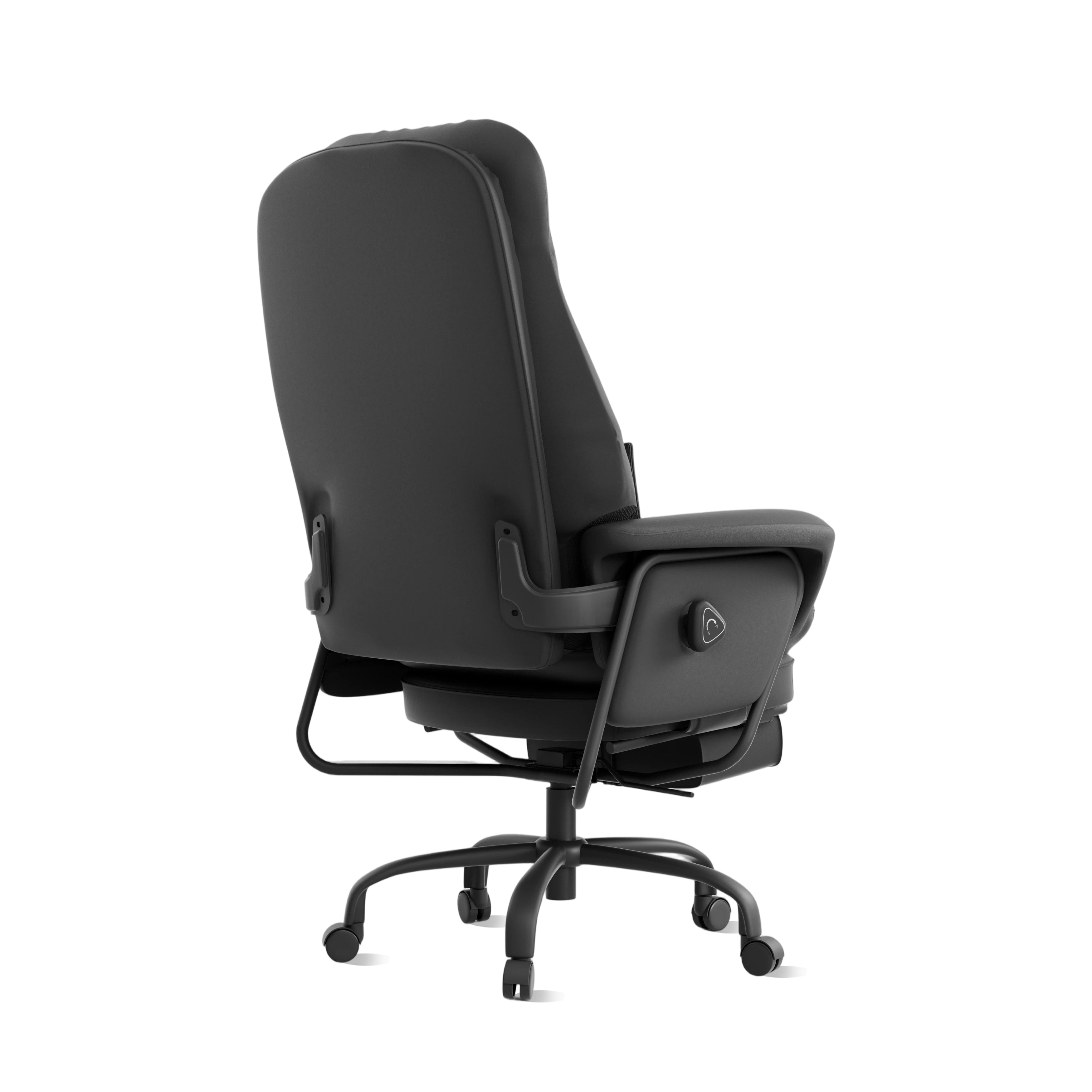 Ergonomischer Bürostuhl aus Leder, schwarz, Seitenansicht mit Armlehnen und Kopfstützenpolster