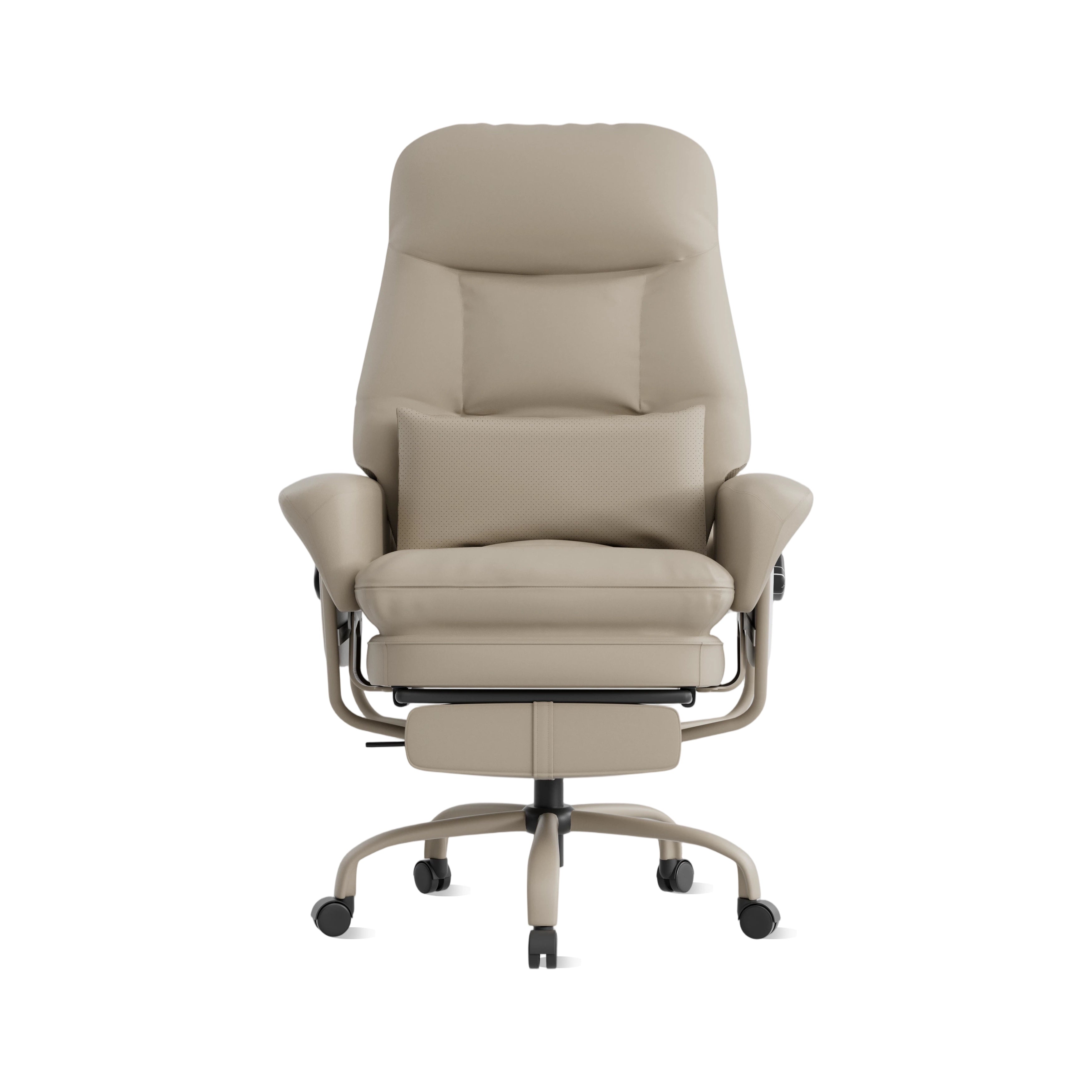 Ergonomischer Leder-Bürostuhl, cremefarbenes Polster, Frontansicht mit Armlehnen und Rollen