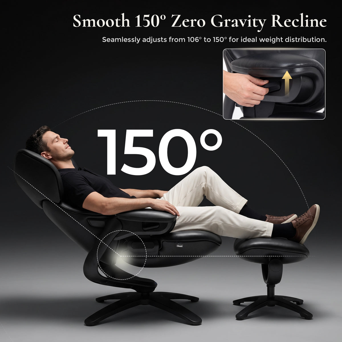 Schwarzer Loungesessel mit Hocker, 150° Relax-Position und verstellbarer Kopfstütze.