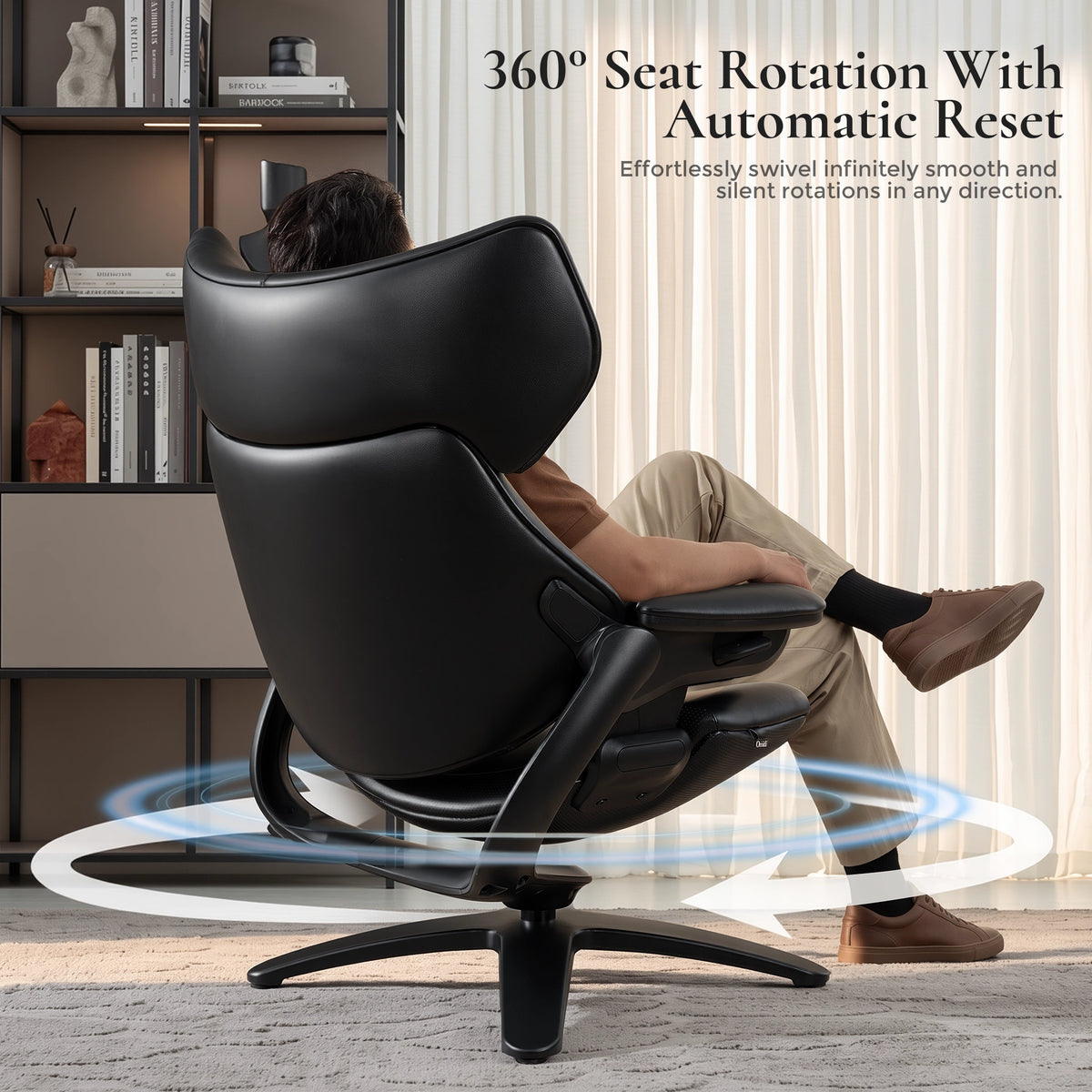 Schwarzer Loungesessel mit Hocker, 360° Drehfunktion und verstellbarer Kopfstütze.