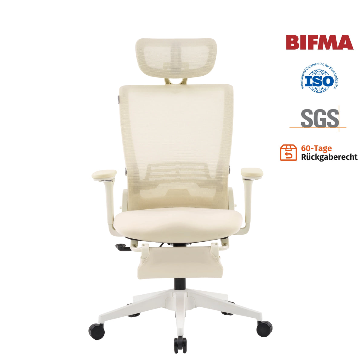 Cremefarbener ergonomischer Bürostuhl mit gepolsterter Rückenlehne, Armlehnen und Rollen