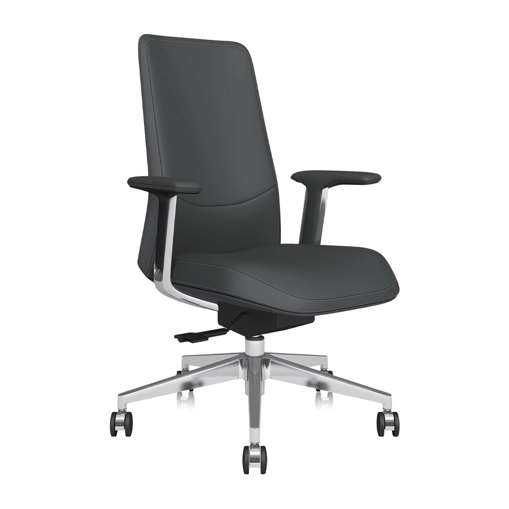 Leder-Bürostuhl mit mittlerer Rückenlehne, schwarzes Polster, Armlehnen, Drehfuß mit Rollen