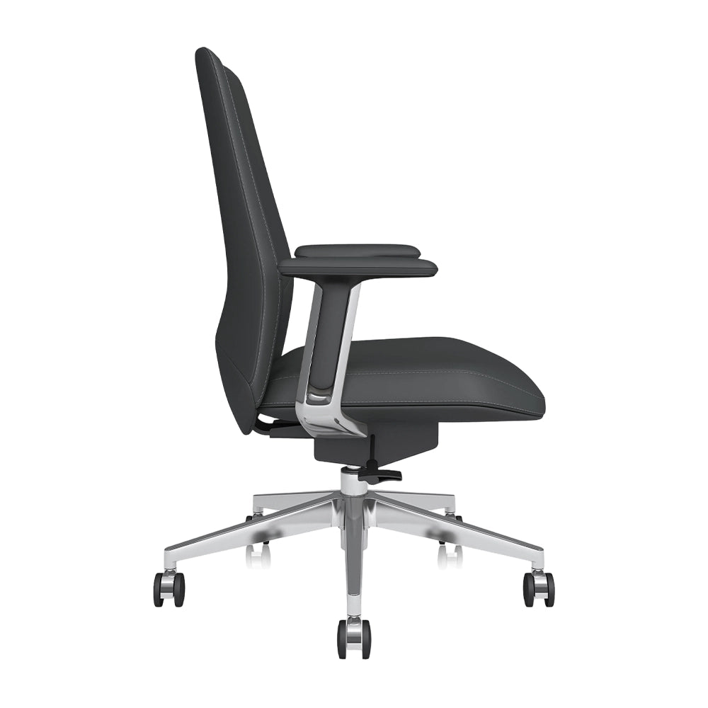 Leder-Bürostuhl mit mittlerer Rückenlehne, dunkelgraues Polster, Armlehnen, Drehfuß mit Rollen