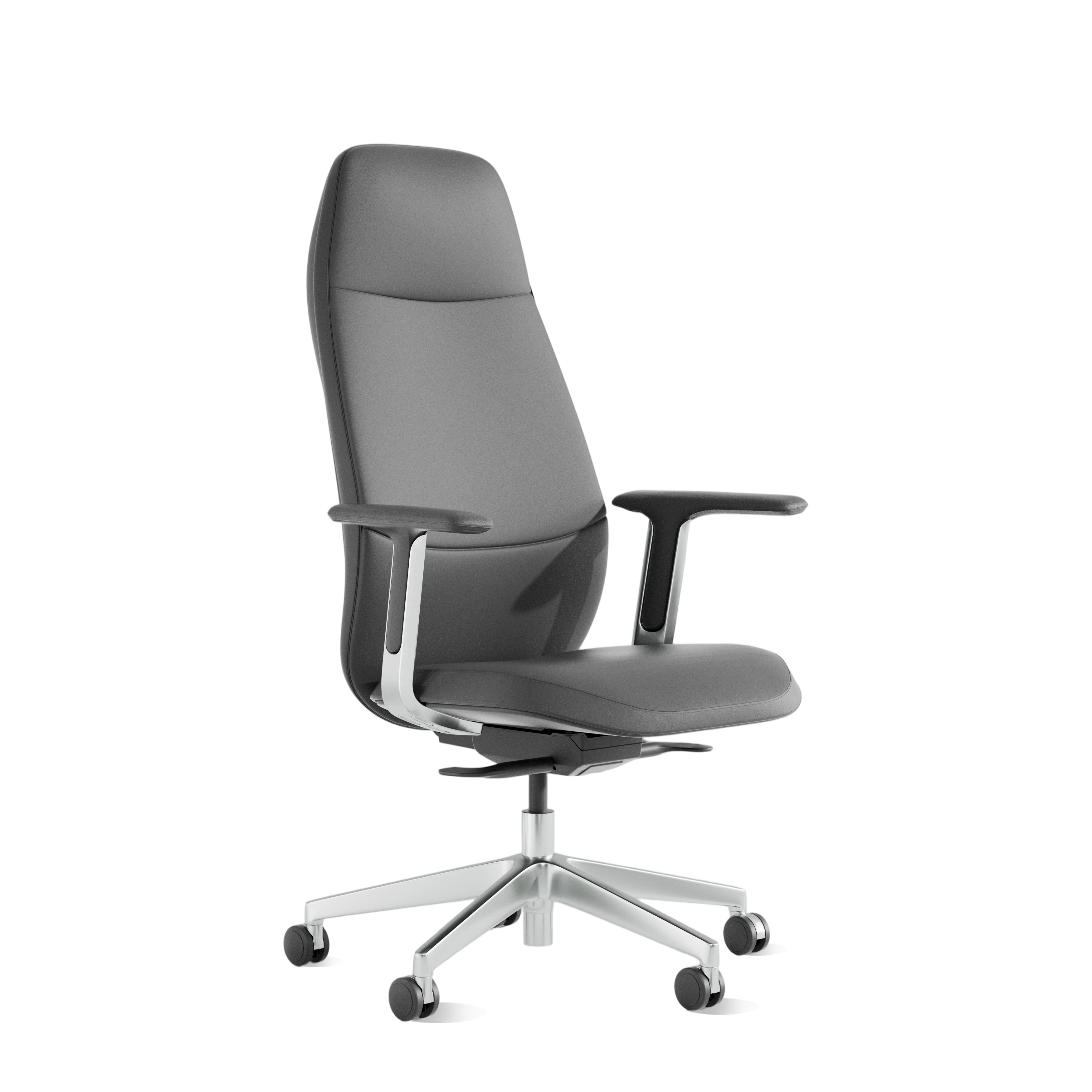 Leder-Bürostuhl in dunkler Farbe mit gepolstertem Sitz, Armlehnen und Fußkreuz mit Rollen