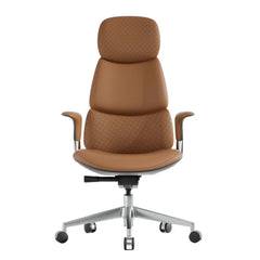 Brauner Leder-Drehstuhl mit hoher Rückenlehne, gepolstertem Sitz und Aluminiumsternfuß