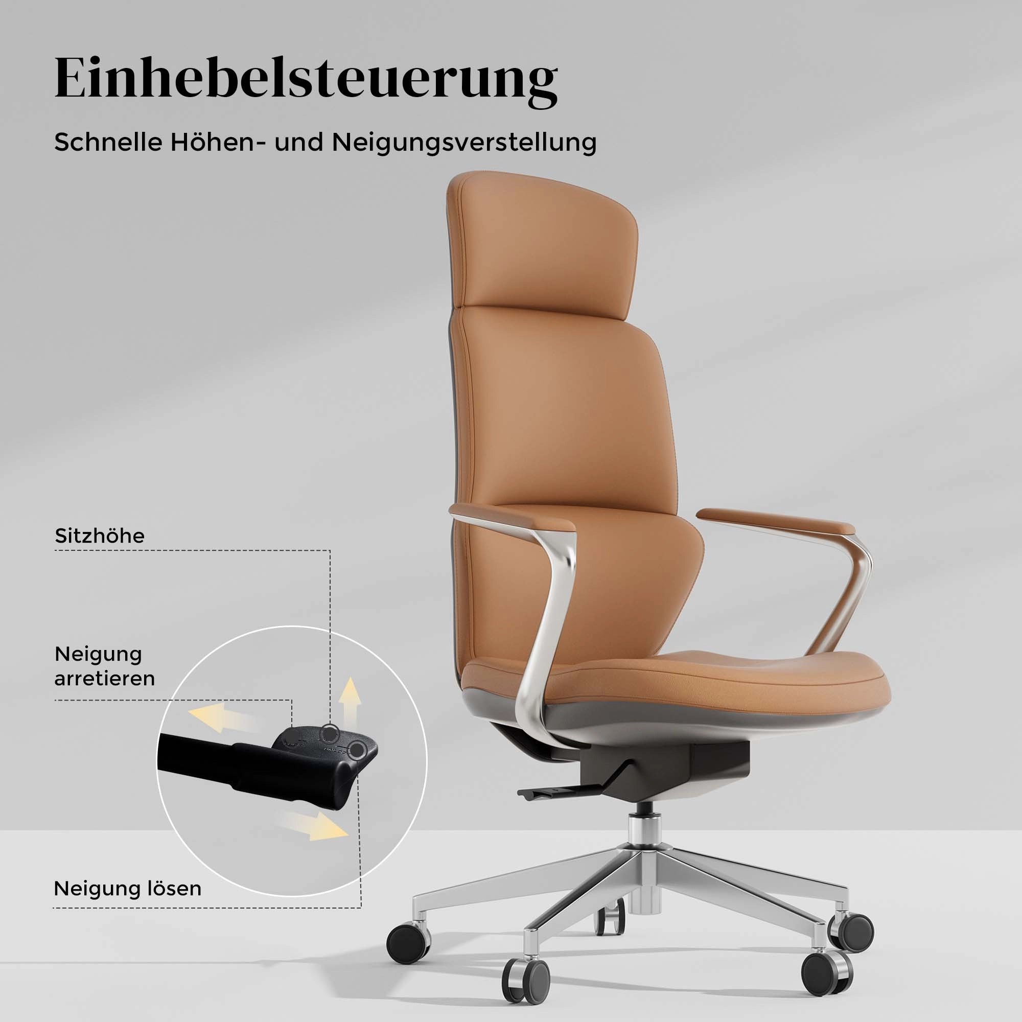 Leder-Drehstuhl mit Einhebelsteuerung für Sitzneigung, hohe Rückenlehne, braun-beige