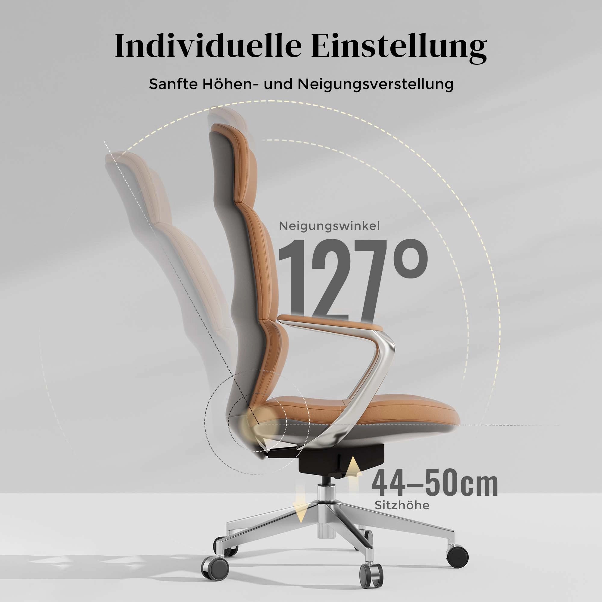 Leder-Drehstuhl mit verstellbarer Sitzhöhe und Neigung, Armlehnen, braun-beige