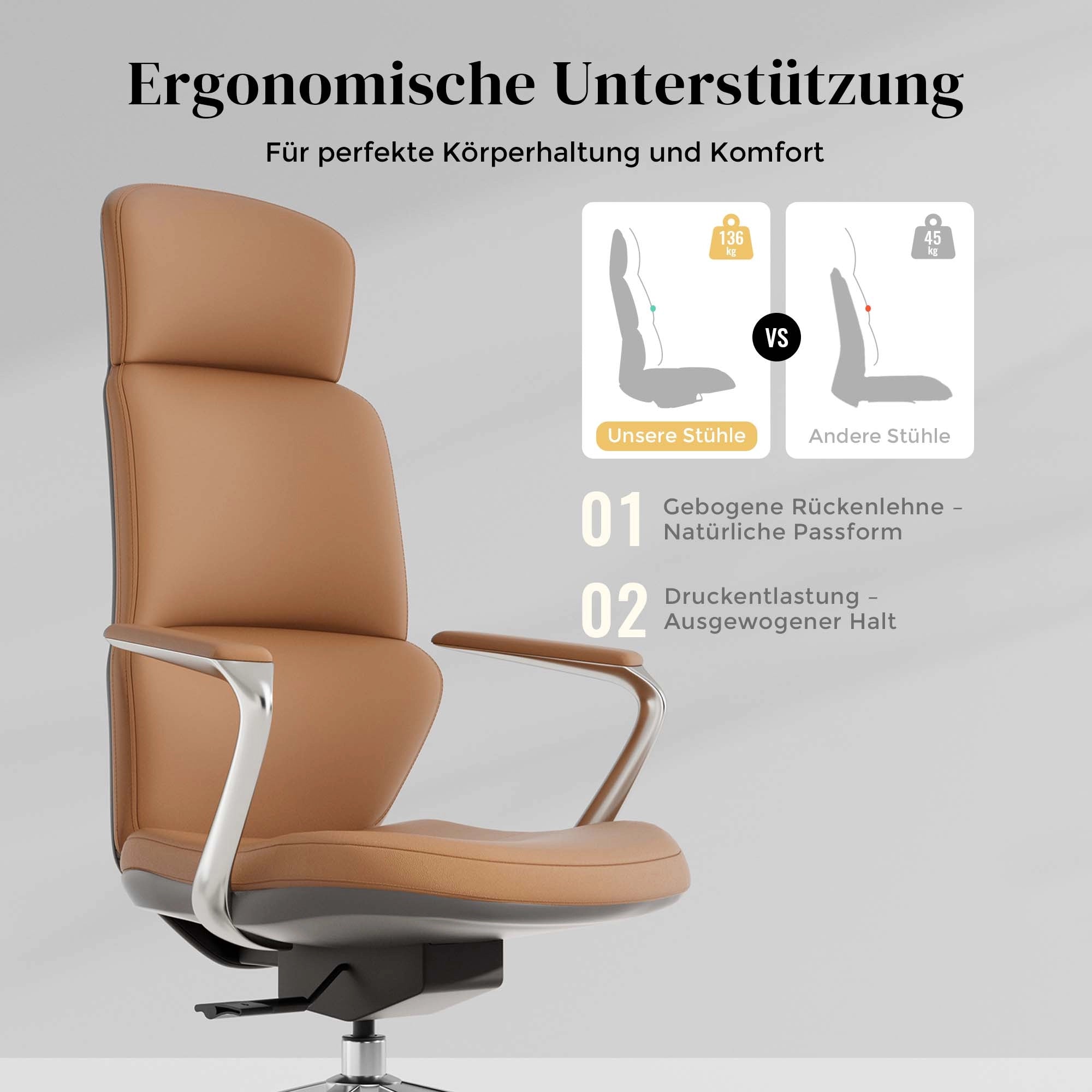 Leder-Drehstuhl mit geformter Rückenlehne und Armlehnen, gepolsterter Sitz, braun-beige