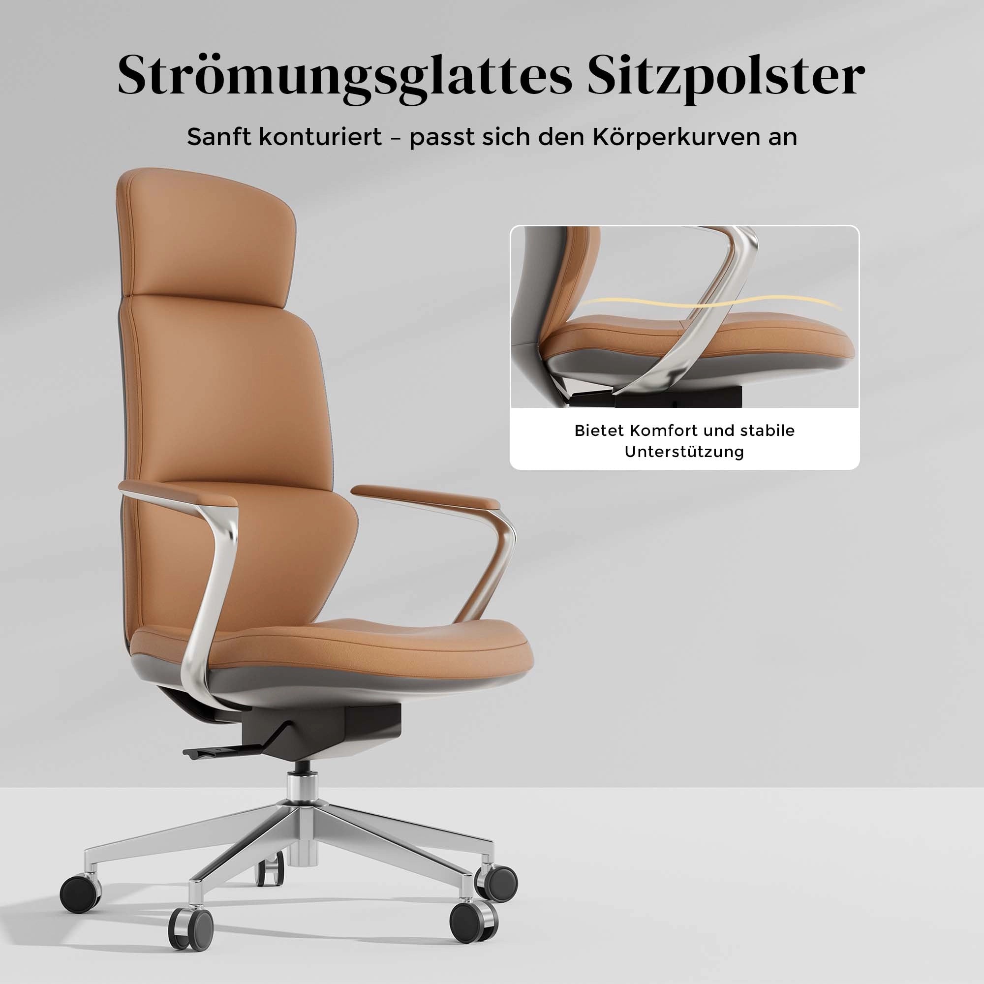 Leder-Drehstuhl mit konturiertem Sitzpolster und Armlehnen, Metallrahmen, braun-beige