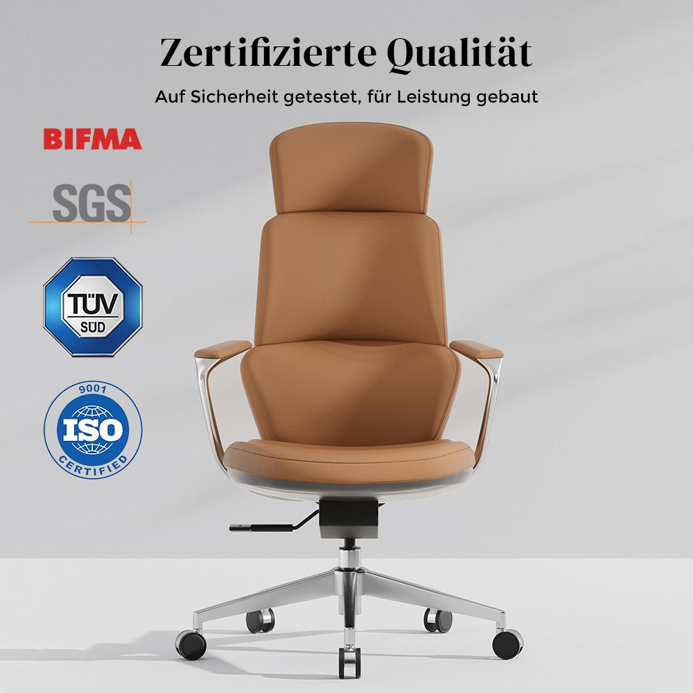 Leder-Drehstuhl vorne mit hoher Rückenlehne, Sternfuß auf Rollen, braun-beige