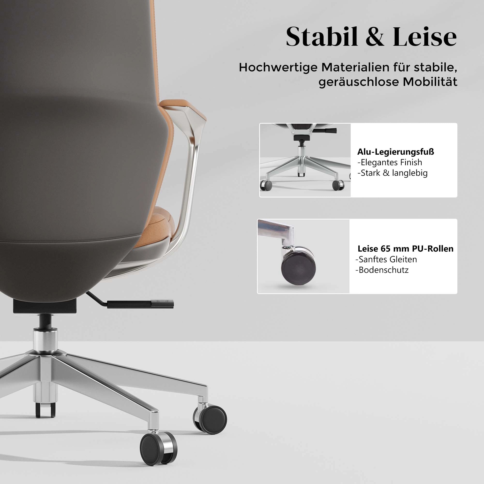 Leder-Drehstuhl seitlich mit Armlehnen, Metallgestell und 5-Fuß auf Rollen, braun-beige