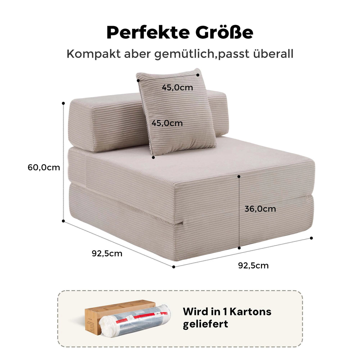 Beiges Cord-1‑Sitzer-Sofa, Maße 92,5×60×36 cm, Rückenmodul