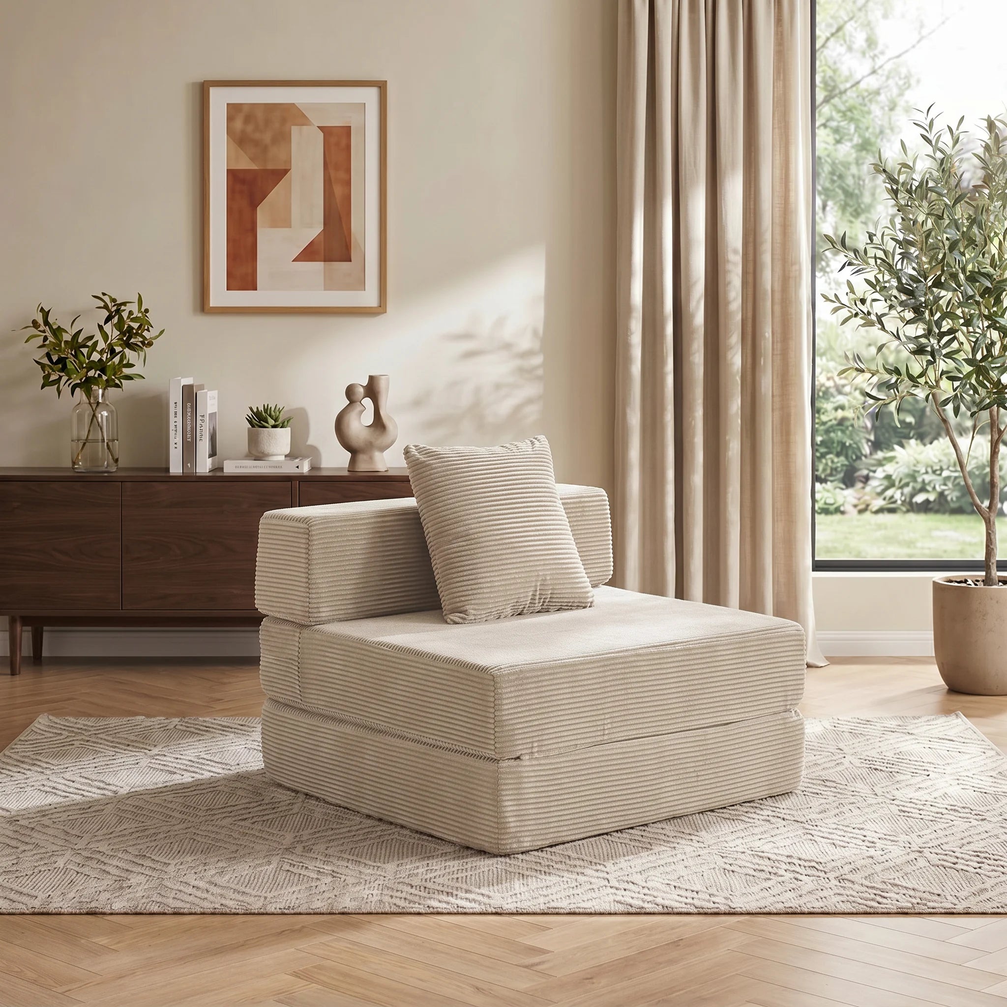 Modulares 1-Sitzer-Sofa aus Cord, hellbeige, kompakte Sitzfläche mit Zierkissen