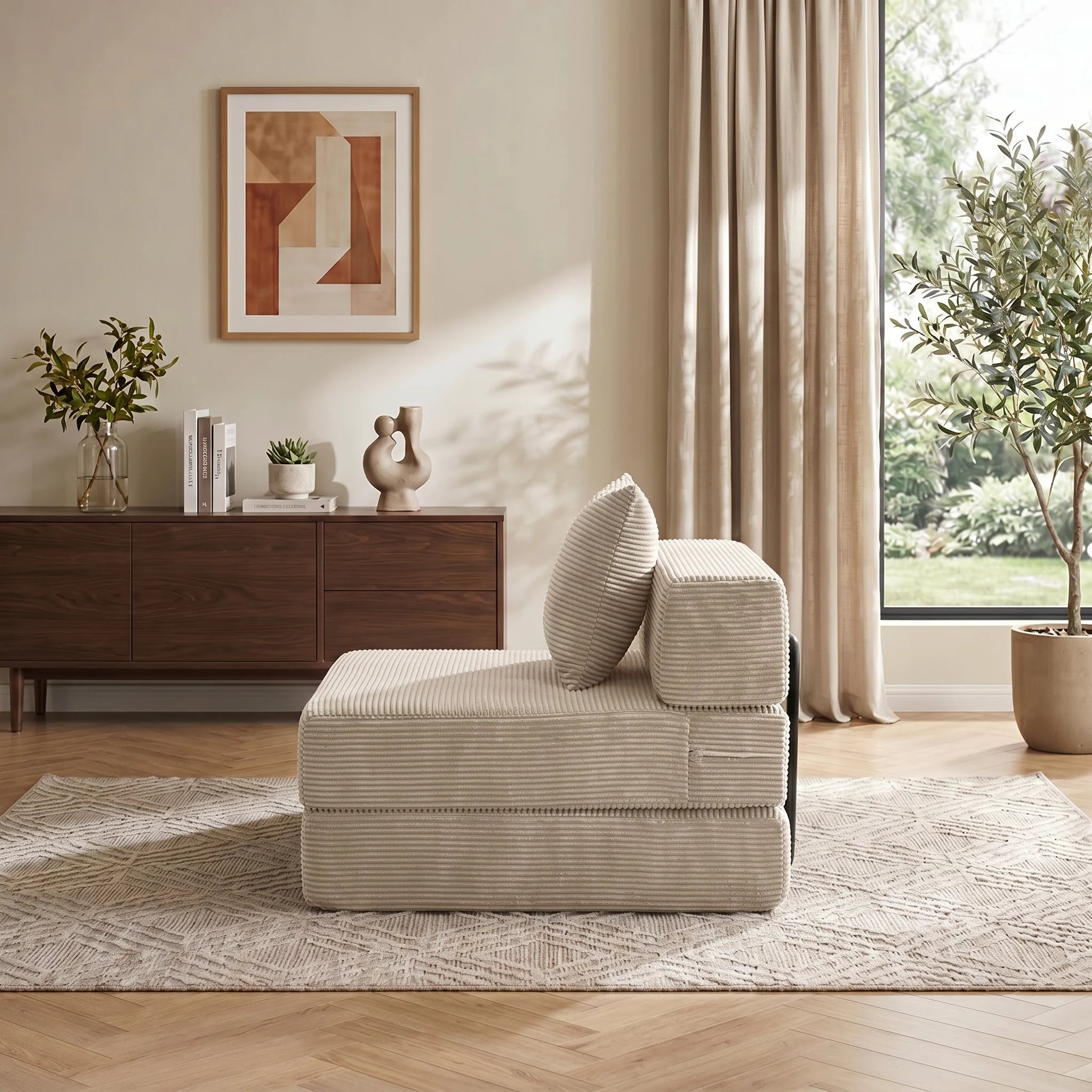 Modulares 1-Sitzer-Sofa aus Cord, hellbeige, Seitenansicht mit Rückenpolster
