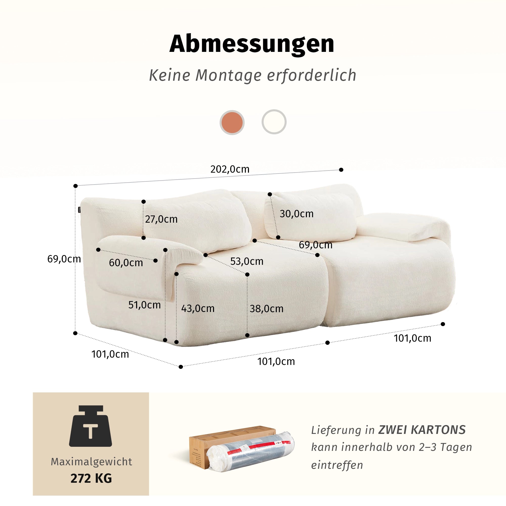 Komprimiertes Sofa mit Wellenform, cremefarben, gepolsterte Armlehnen und Sofa-Polster.
