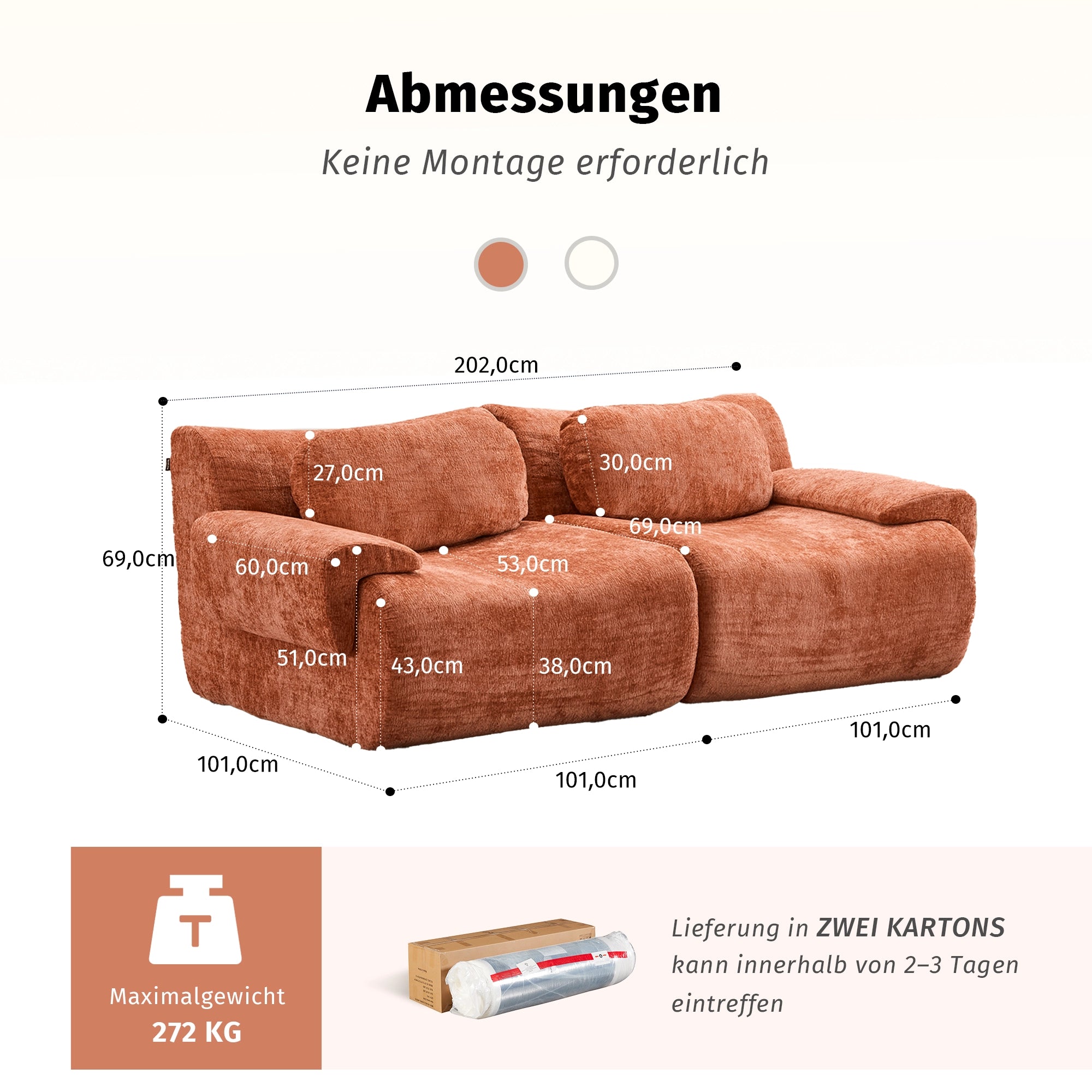 Komprimiertes Sofa mit Wellenform, rostorange, samtiges Polster mit integrierten Kissen.