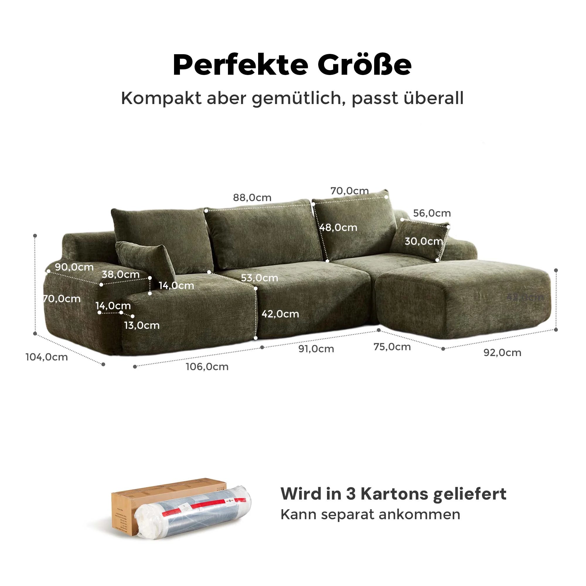 Olivgrünes 3-Sitzer-Komprimiertes Sofa mit Größenangaben und Paketinfo