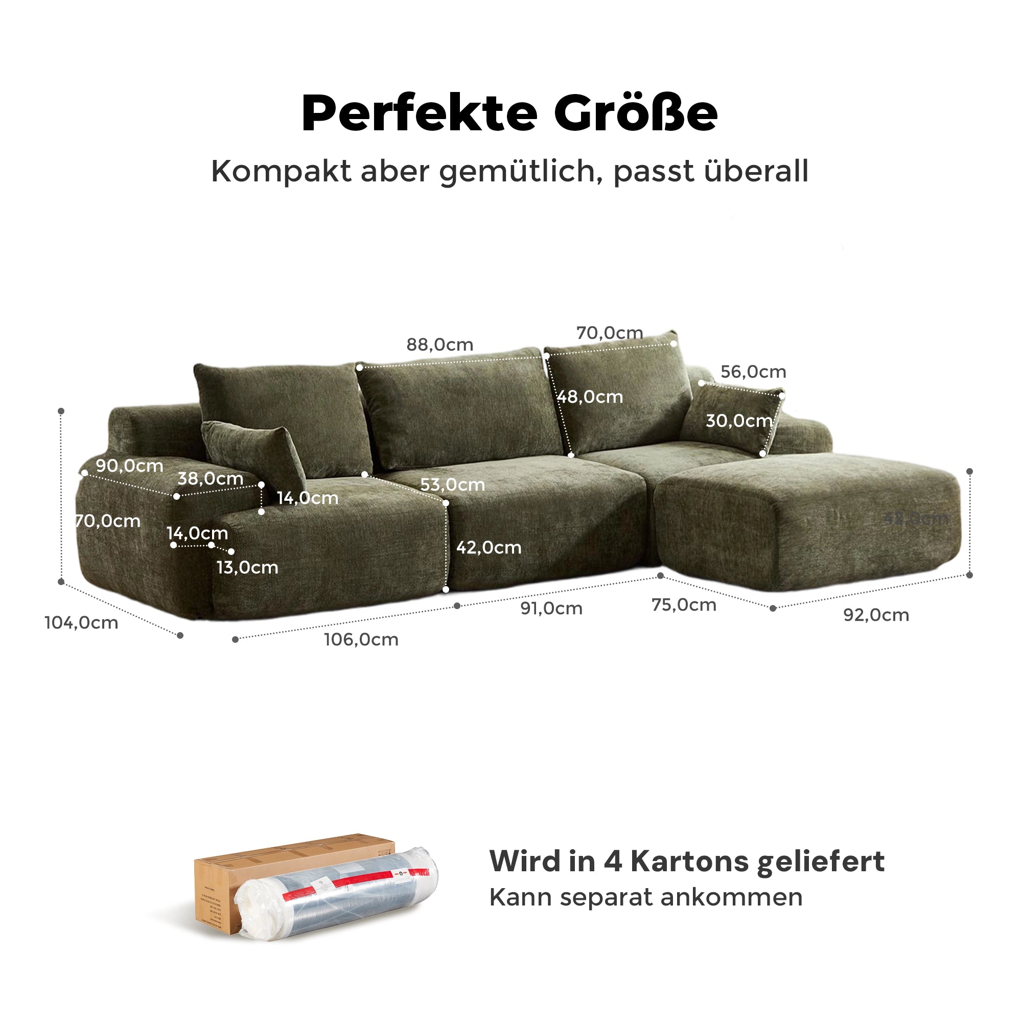 Vier-Sitzer-Sofa mit Hocker, kompaktes Chenille-Polster, olivgrün, mit Kissen