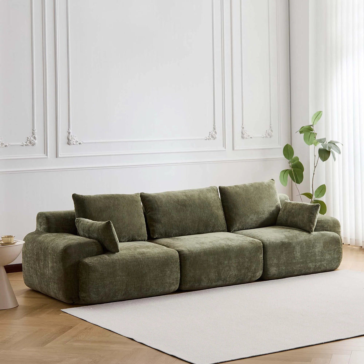 Olivgrünes Chenille-4-Sitzer-Komprimiertes Sofa mit breiten Sitzkissen