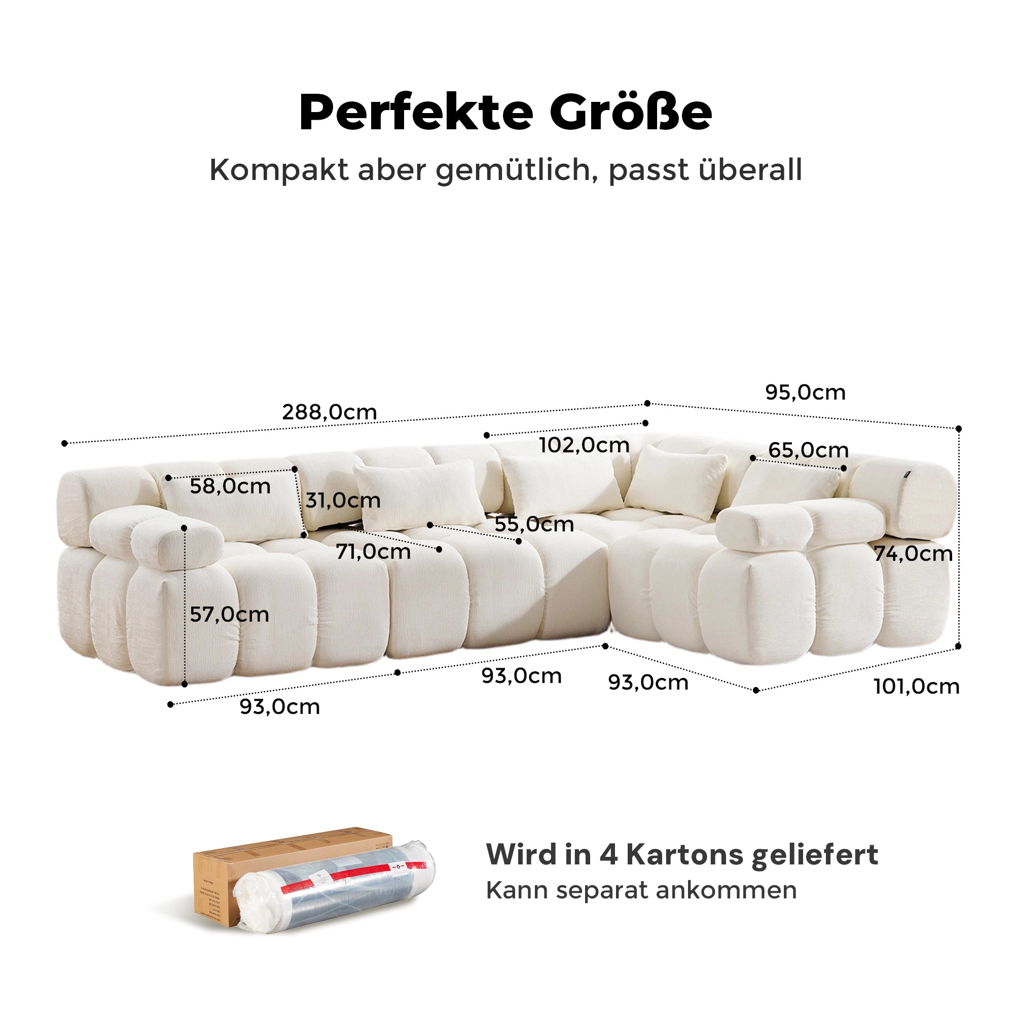 Komprimiertes 4-Sitzer-Sofa in hellem Chenille, gepolsterte Sitz- und Rückenkissen