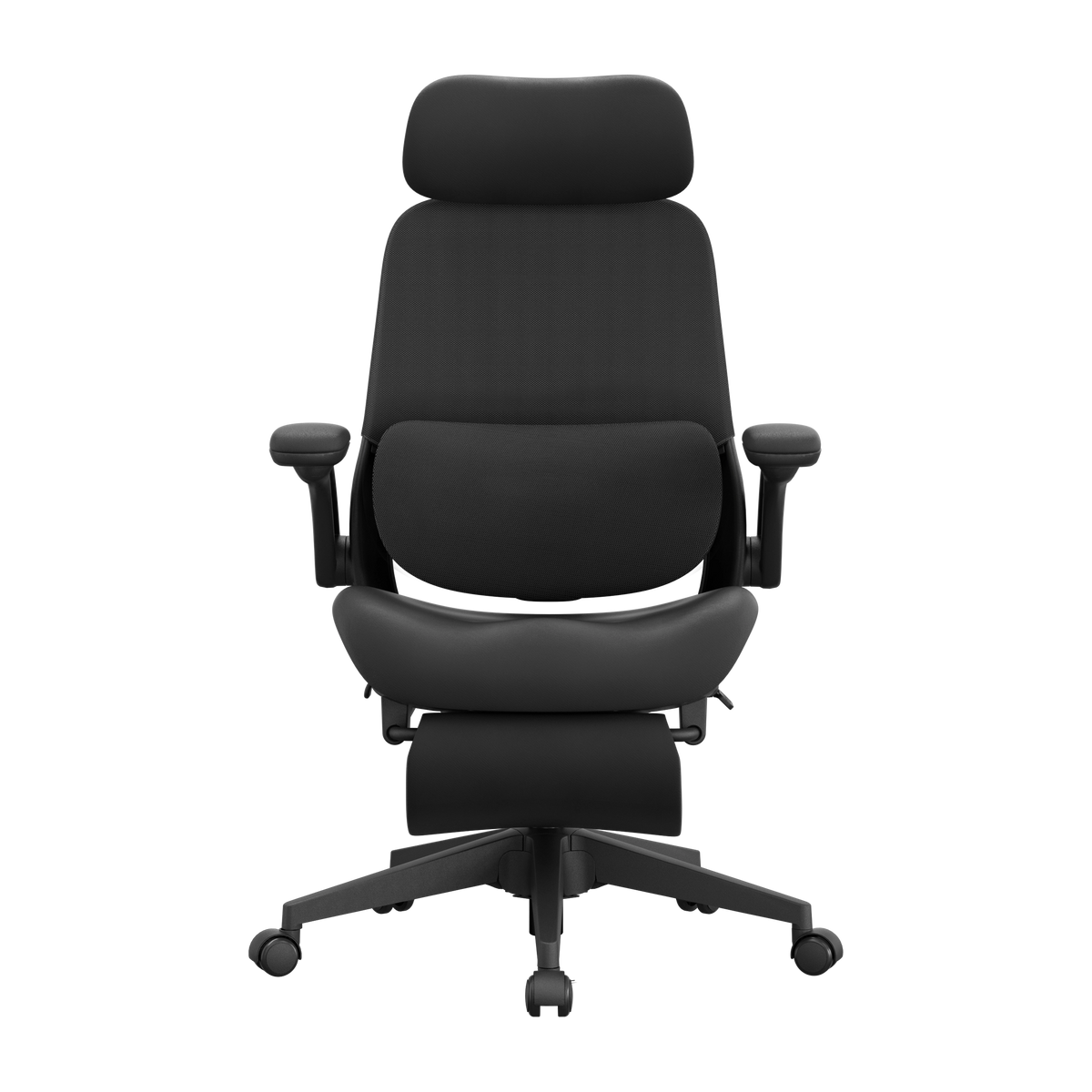Schwarzer Bürostuhl von hinten mit gepolsterter Rückenlehne und hochklappbaren Armlehnen