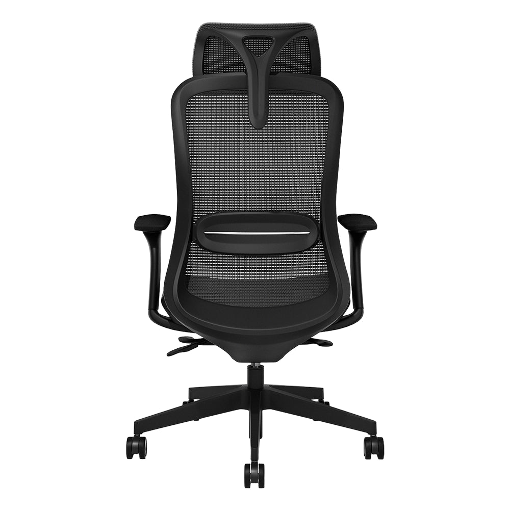 Schwarzer Bürostuhl mit Netzrücken und geschwungenem Bogendesign, zwei Armlehnen