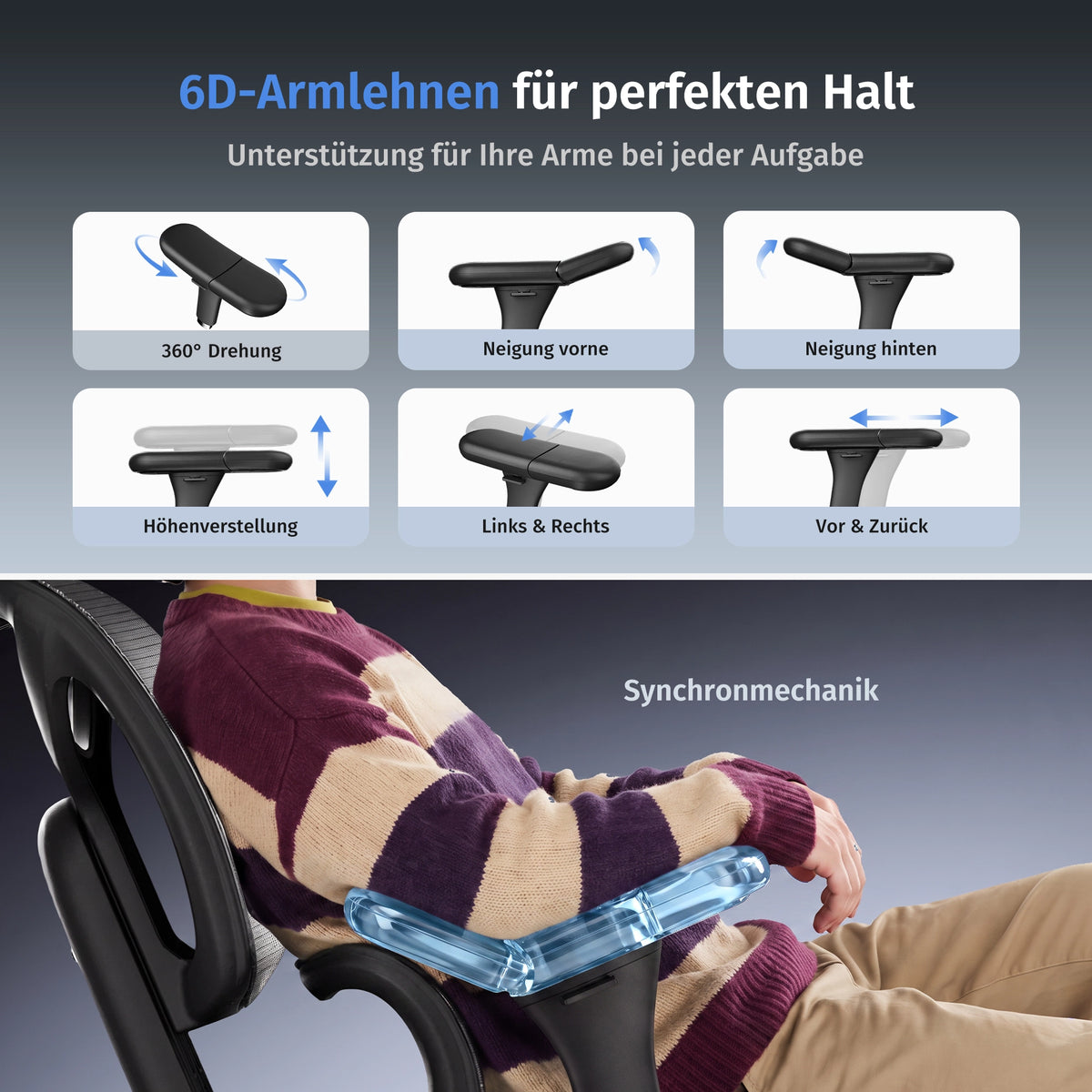 Schwarze Bürostuhl-6D-Armlehnen mit Höhen-, Neige- und Richtungsanpassung