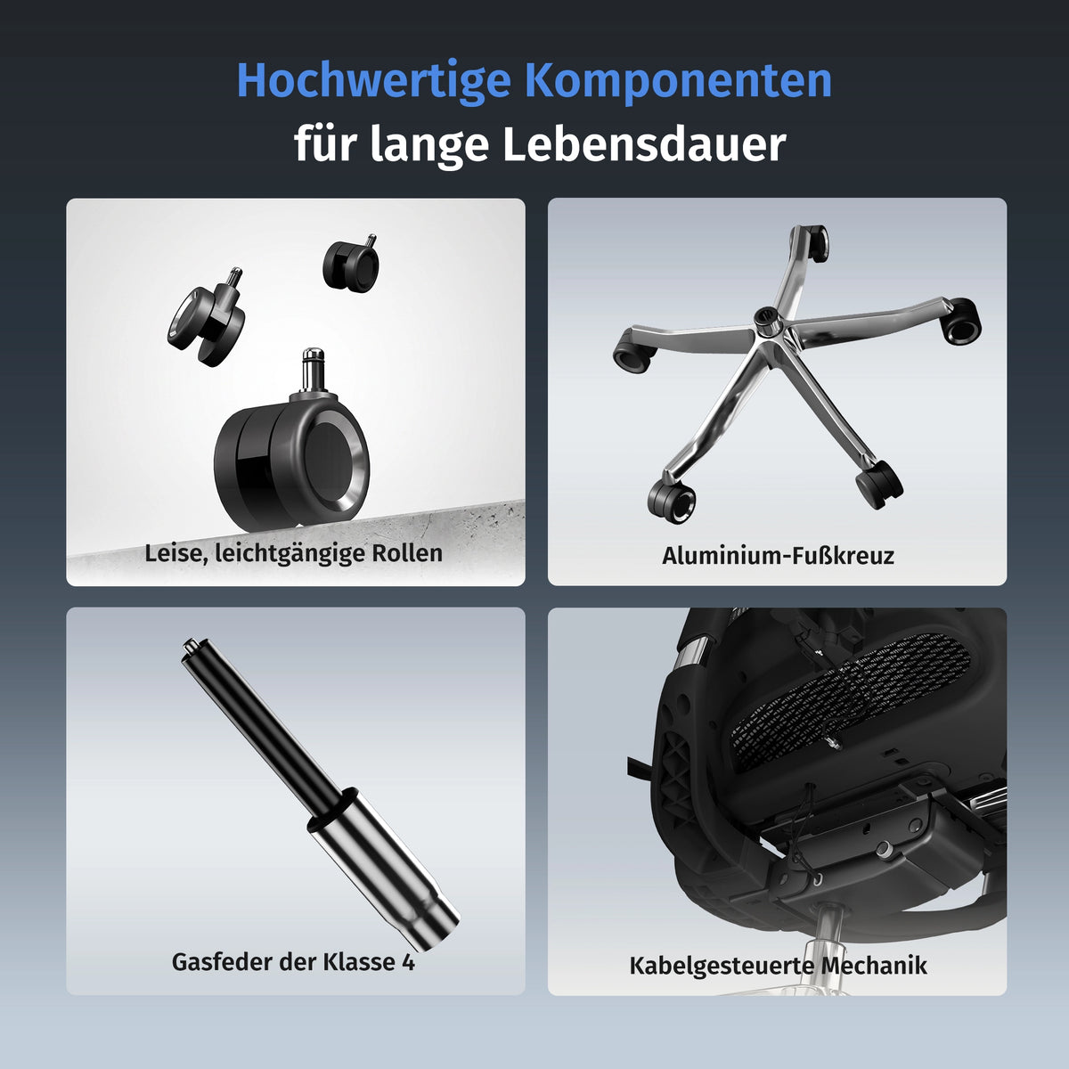 Schwarze Bürostuhl-Komponenten: Rollen, Aluminium-Fußkreuz, Gasfeder und Mechanik
