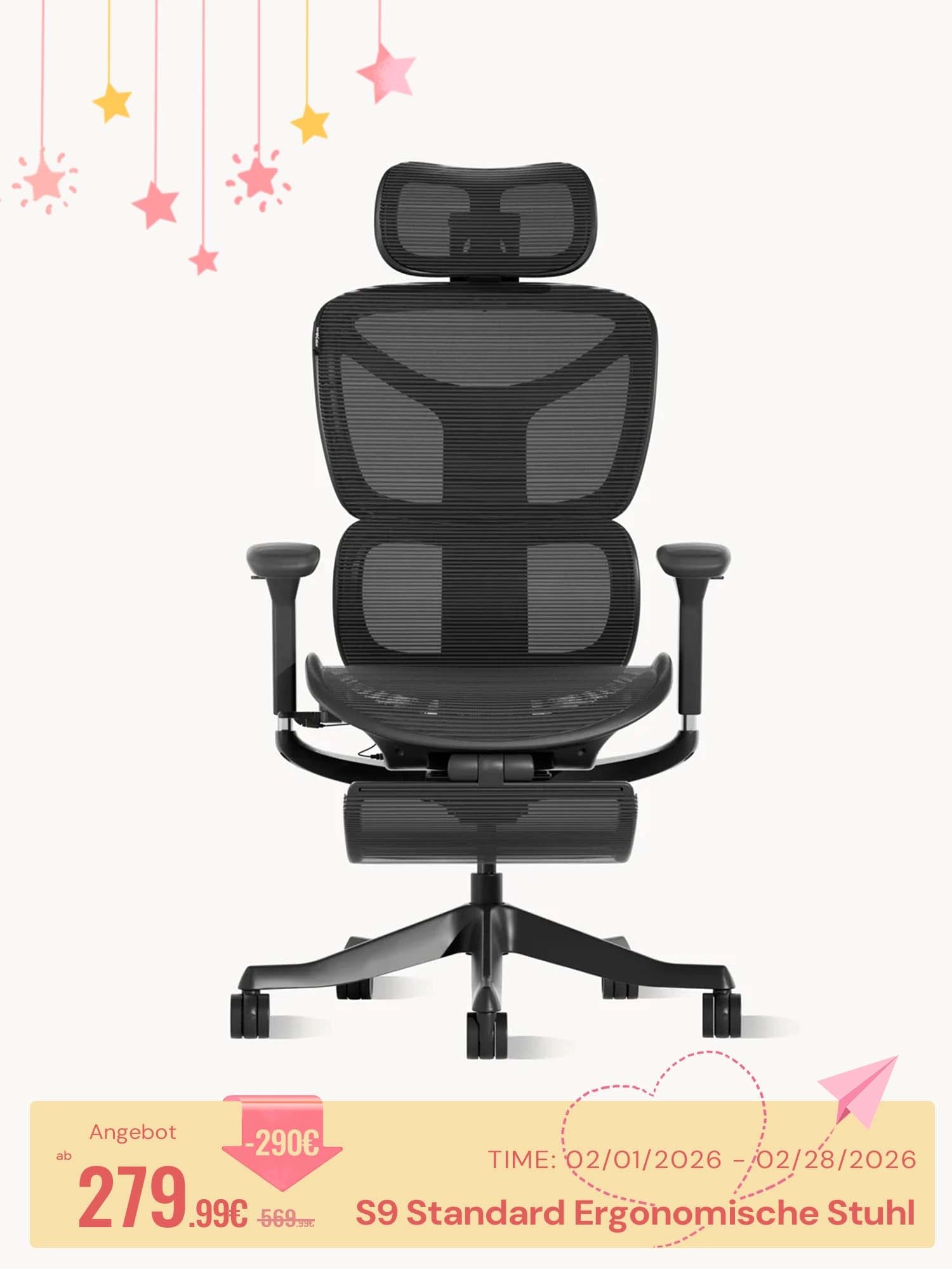 S9 Strandard Ergonomischer Bürostuhl mit Ein-Tasten-Verstellung