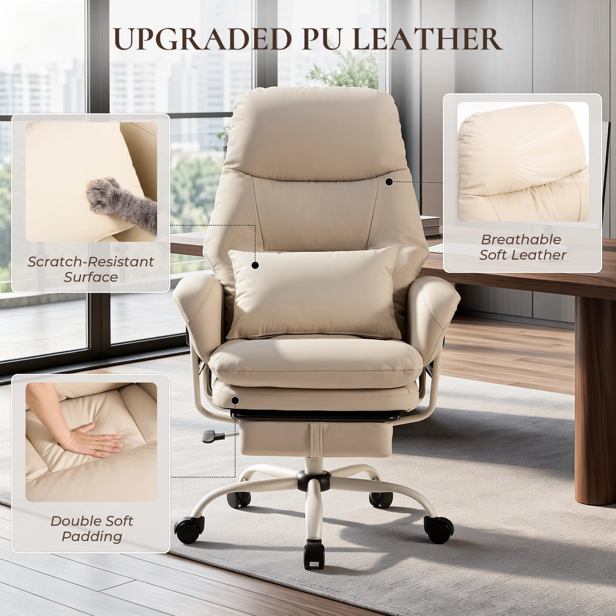 Ergonomischer Leder-Bürostuhl in Creme mit hoher Rückenlehne und Rollen