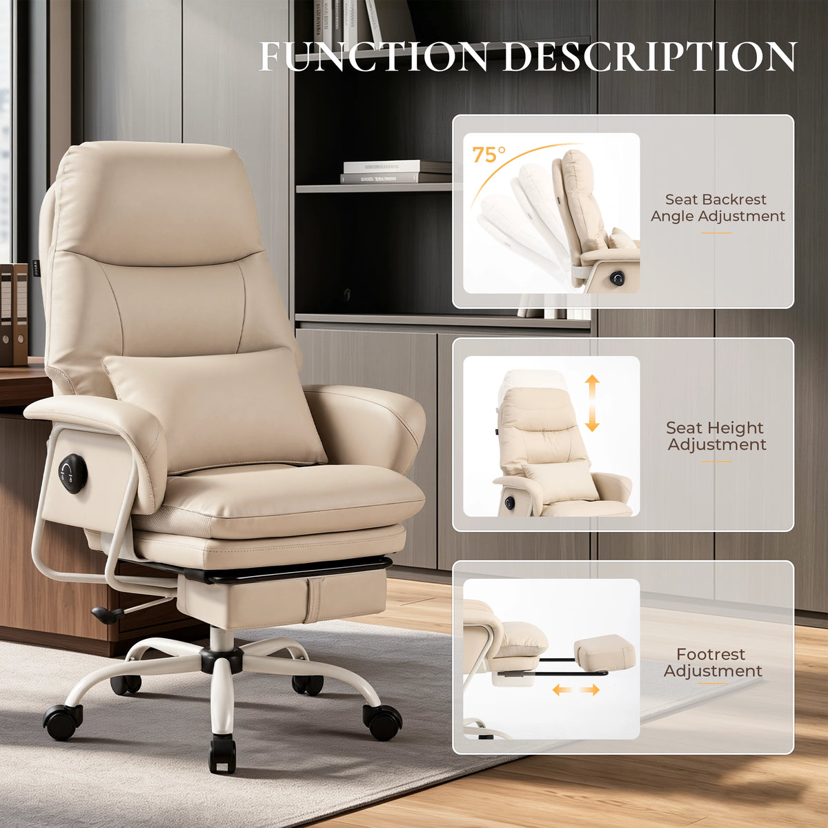 Ergonomischer Leder-Bürostuhl in Creme, gepolsterte Armlehnen und Fußstütze