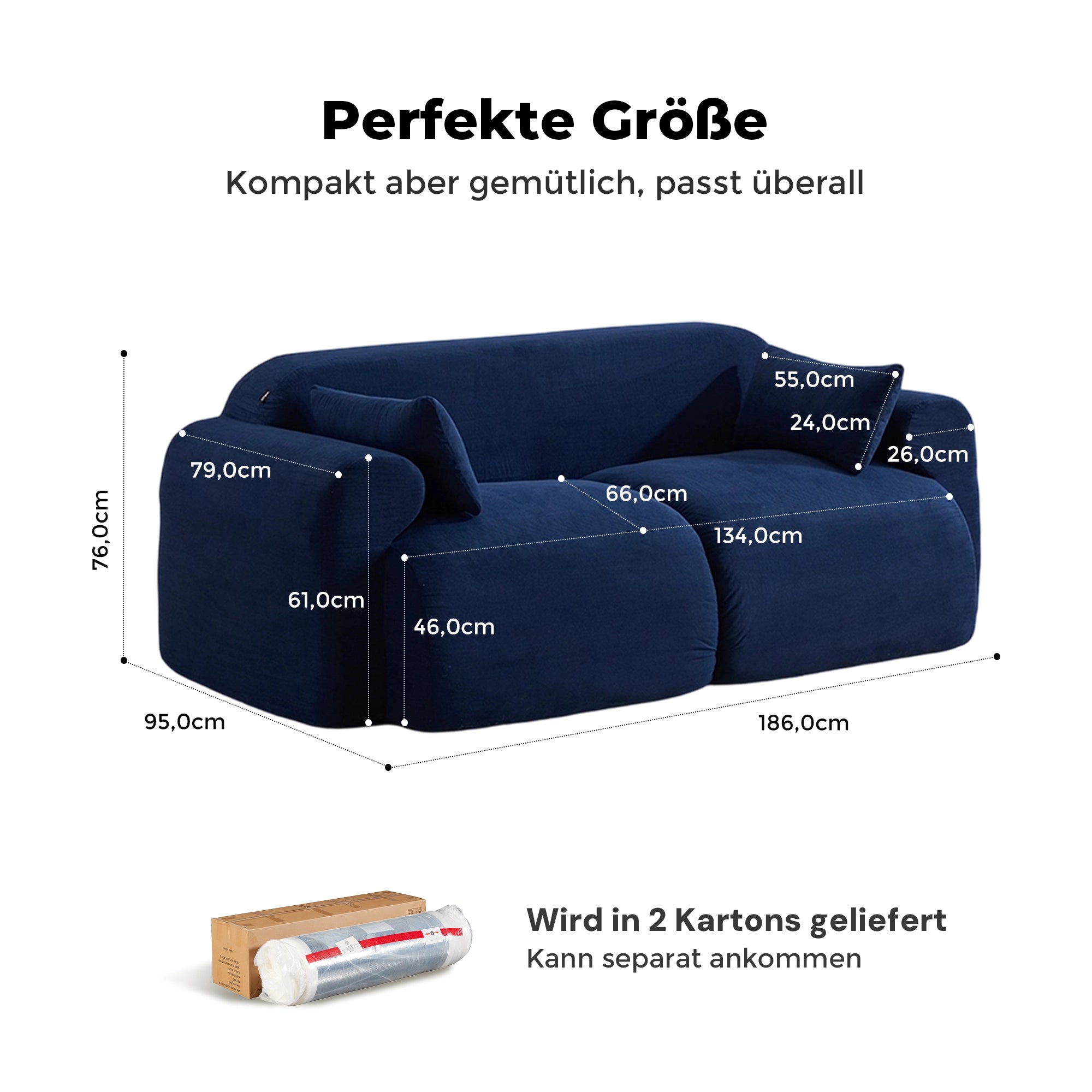 Komprimiertes 2-Sitzer-Sofa aus Cord in Dunkelblau, gepolsterte Sitz- und Rückenkissen