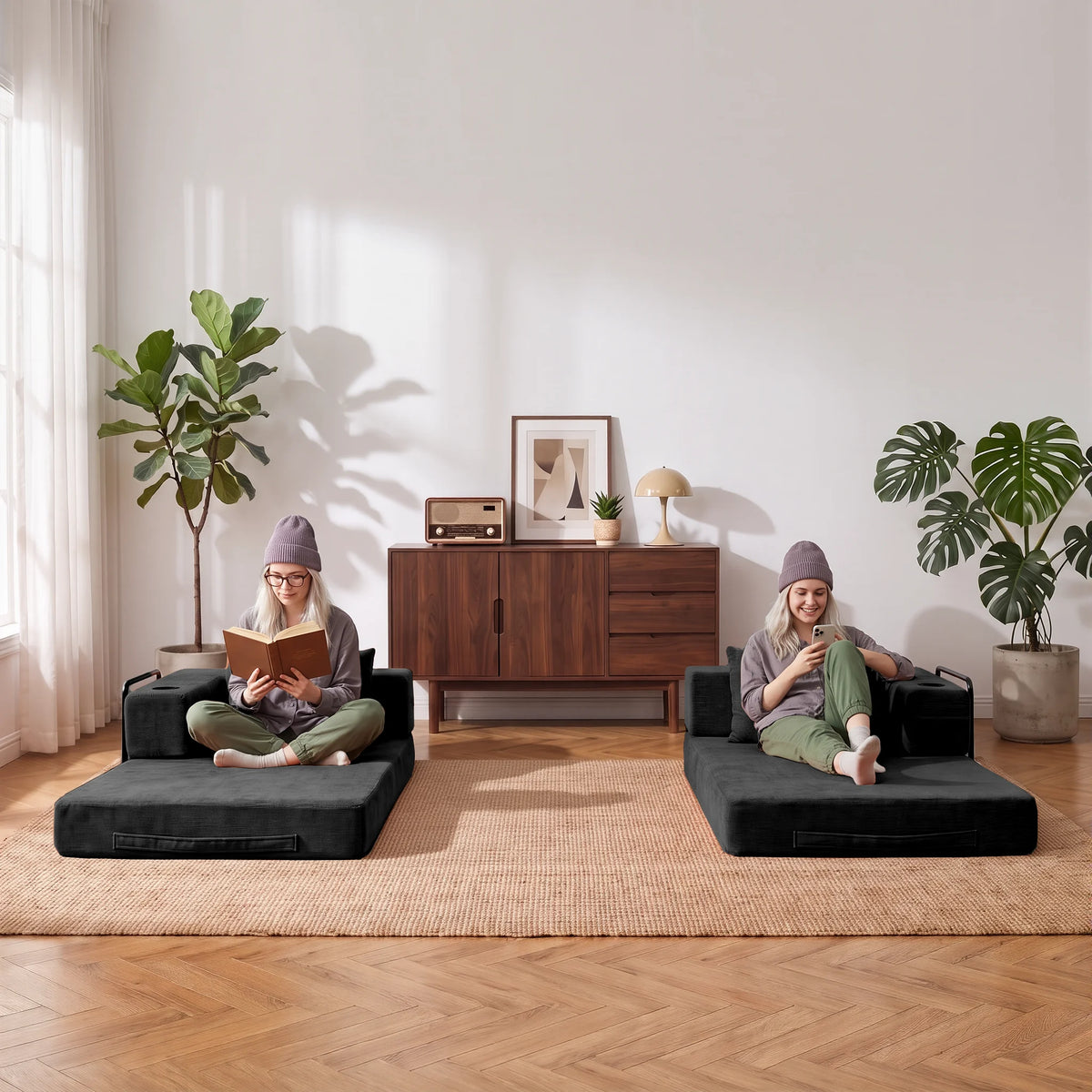 Schwarzes modulares 2-Sitzer Sofa in U-Form mit losen Rückenkissen und Sitzmodulen