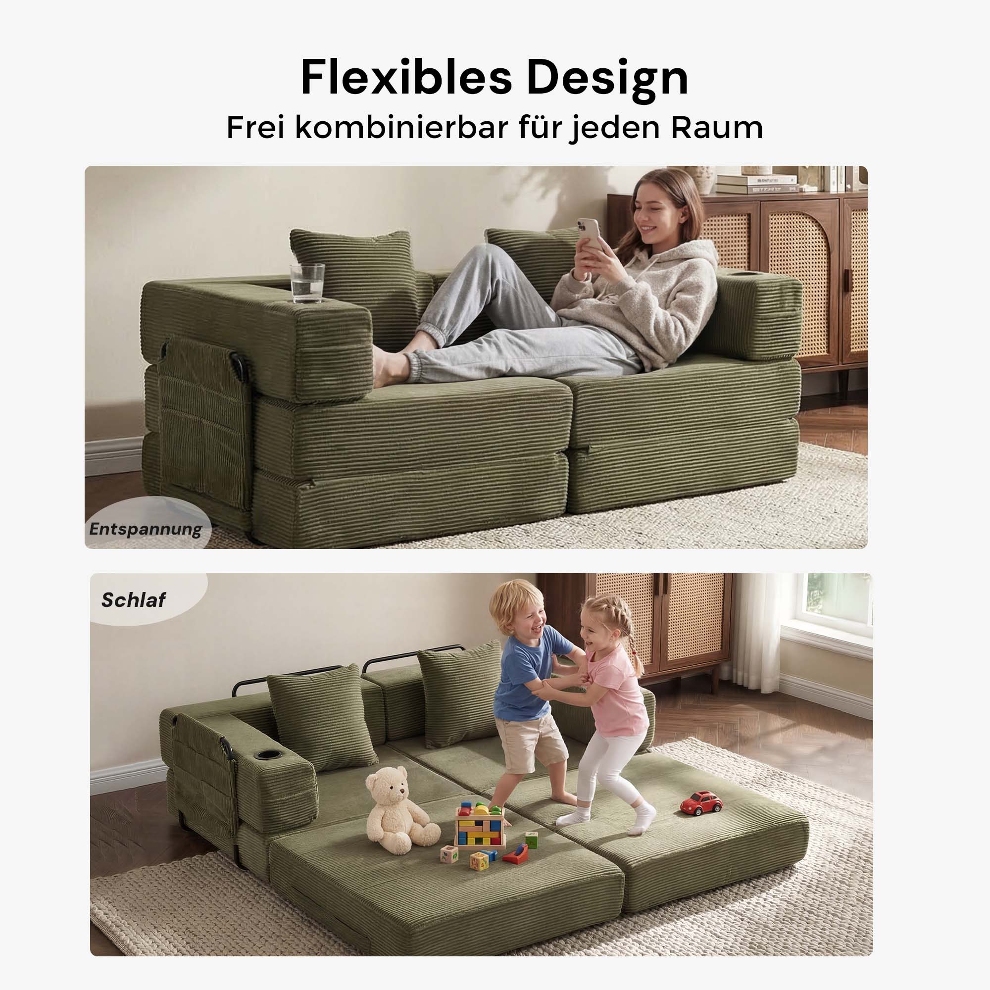 Olivgrünes Cord-2-Sitzer-Sofa mit modularem Aufbau, Armlehnen und zwei Sofakissen