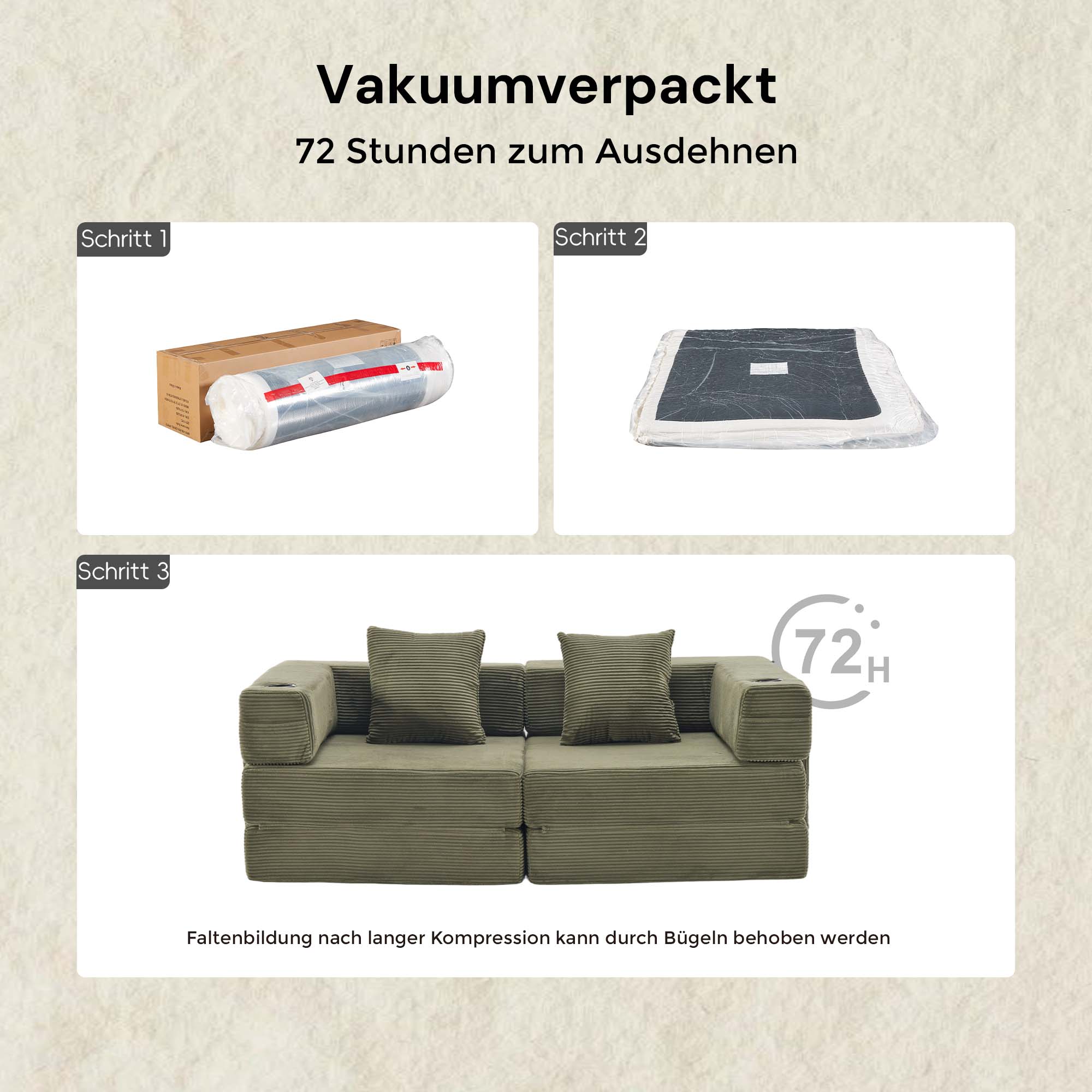 Olivgrünes Cordsofa, kompakt geliefert und wieder aufgestellt, mit Zierkissen.