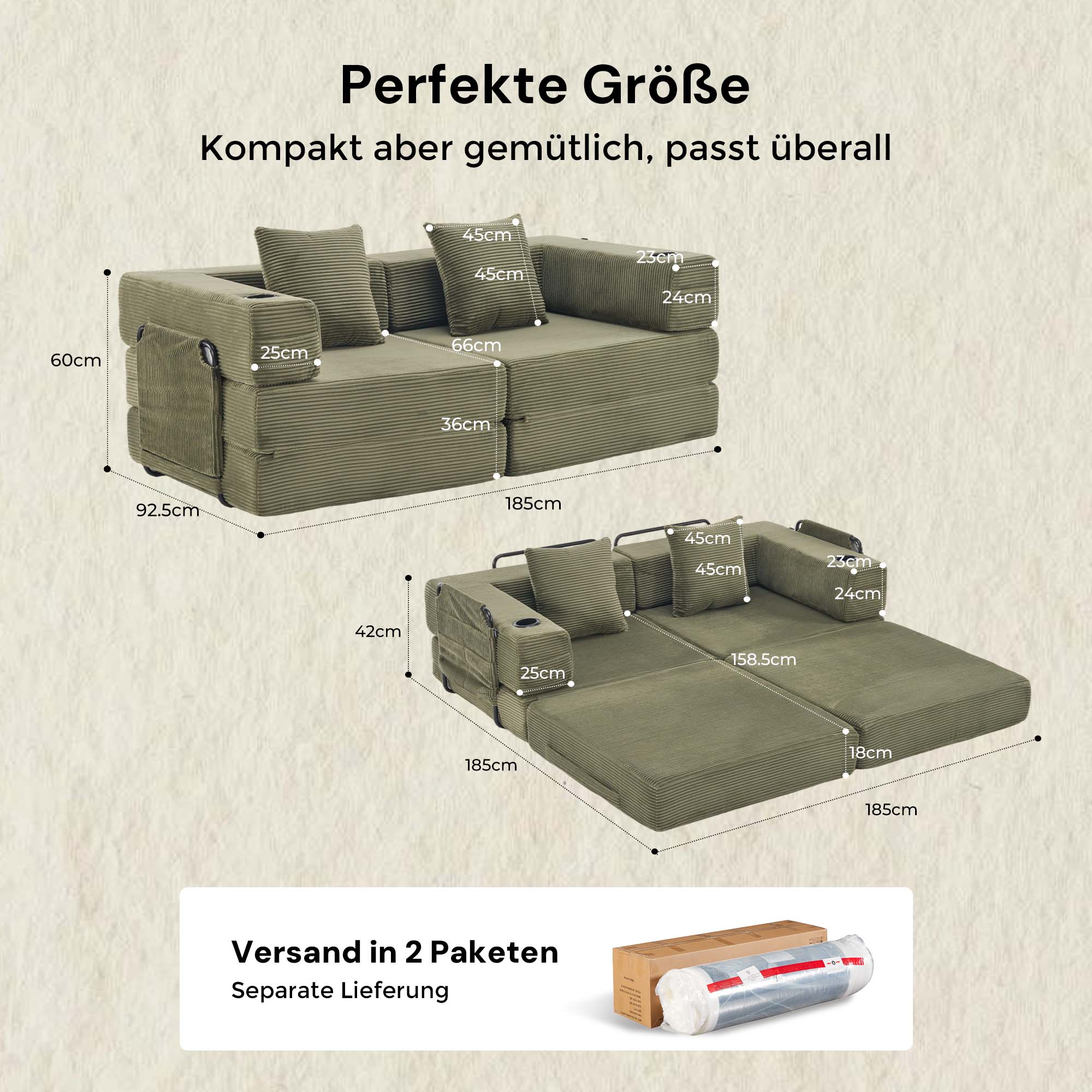 Olivgrünes Cord-2-Sitzer-Komplettsofa mit breiten Armlehnen und gepolsterten Sitztflächen