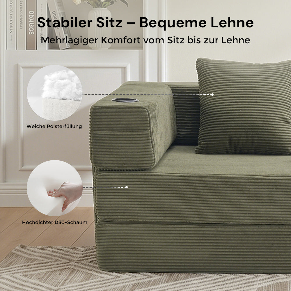 Olivgrünes Cord-2-Sitzer-Sofa mit hoher Lehne und gepolsterter Armauflage