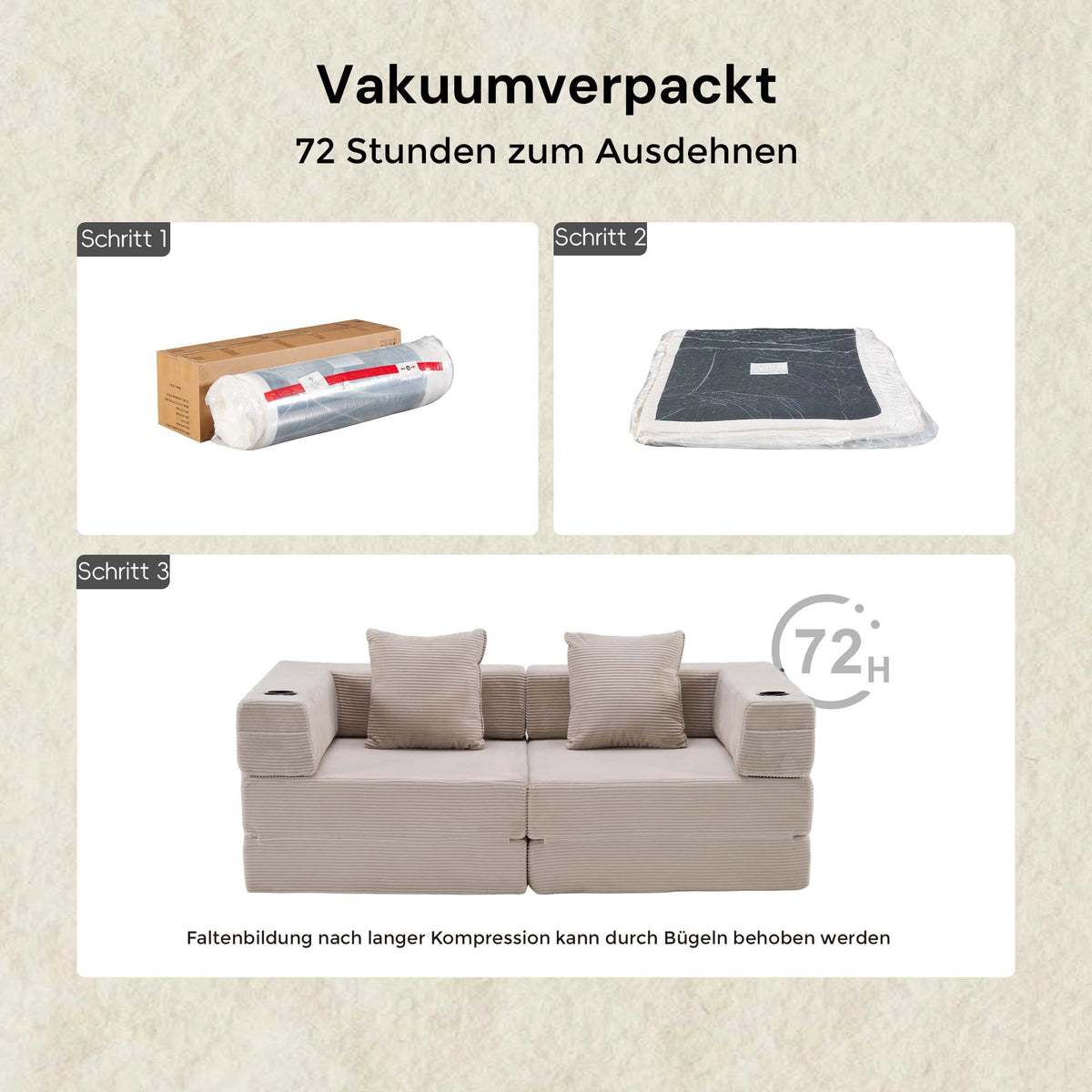 Komprimiertes modulares 2-Sitzer Sofa aus hellgrauem Cord, mit Kissen.