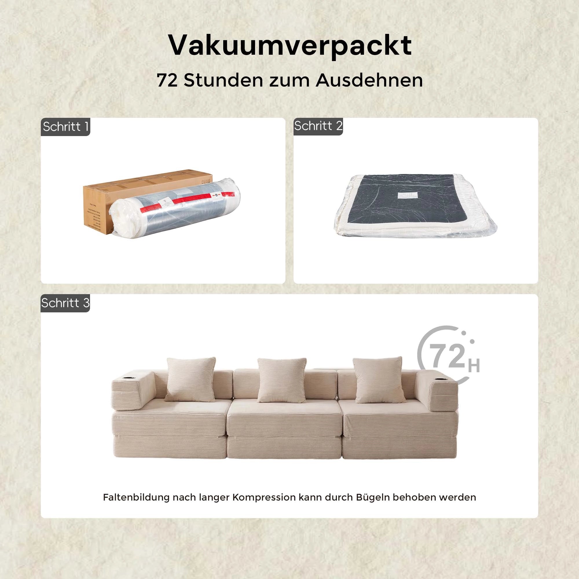 Beiges Cord-Modulsofa in Vakuumverpackung, Kompressionspackung zum Ausdehnen.