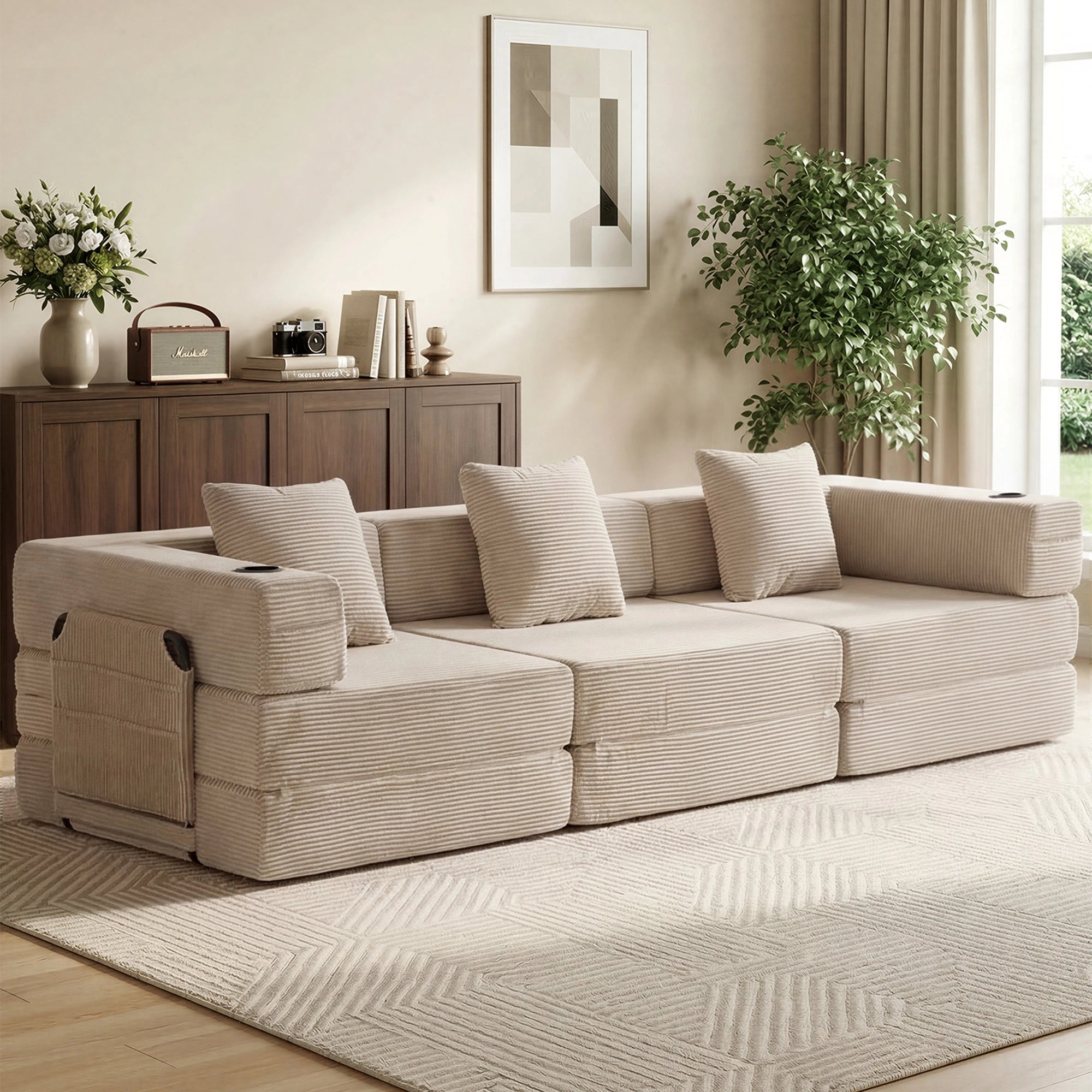 2-Sitzer-Modularsofa mit Cordbezug, hellgrau, gepolstert und mit Zierkissen