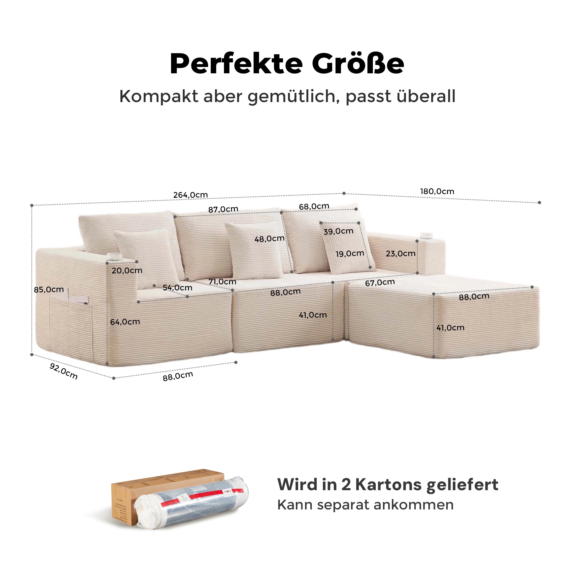 Maßskizze eines modularen Sofas aus hellem Cord, modulare Anordnung