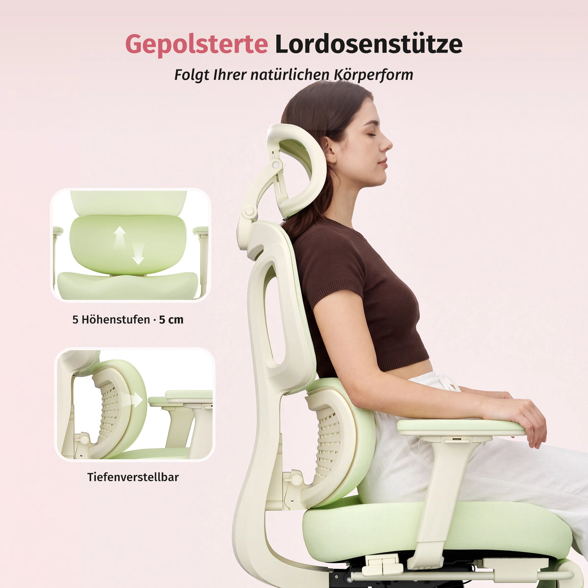 Ergonomischer Bürostuhl in Pastellgrün mit verstellbarer Lordosenstütze und Kopfstütze