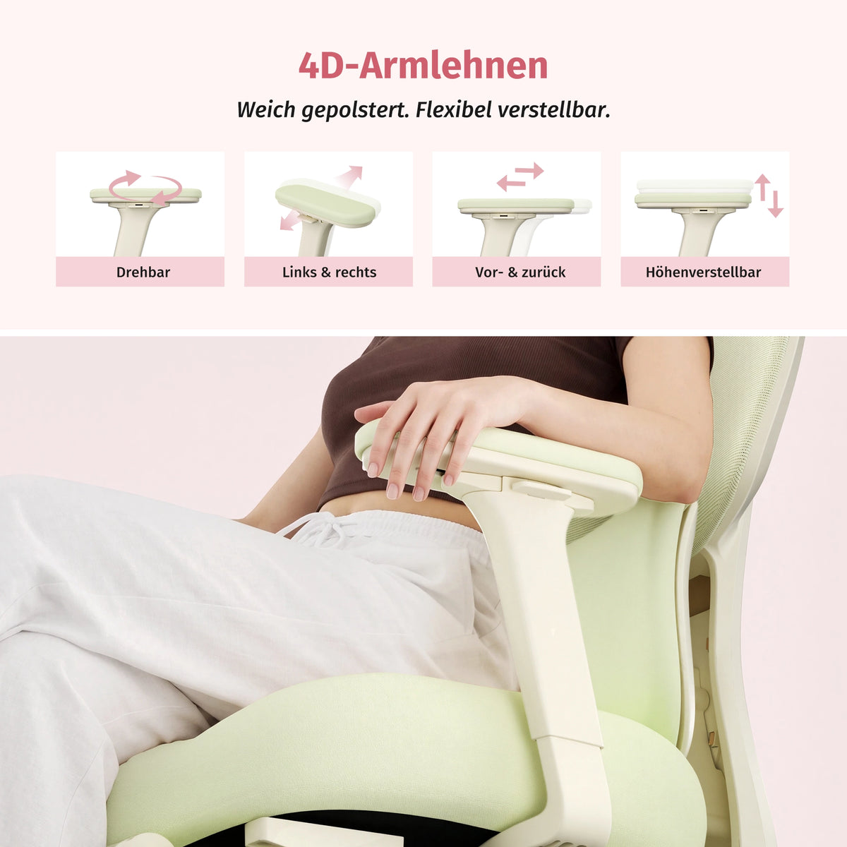 Verstellbare 4D-Armlehnen am Bürostuhl mit gepolstertem Sitz und Rücken