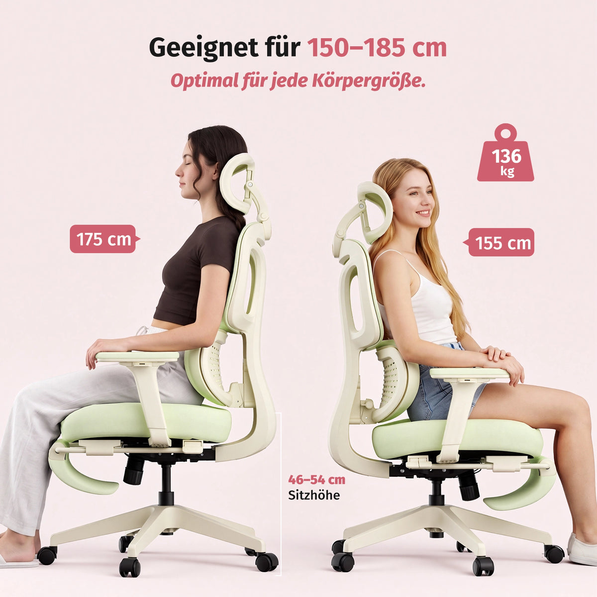 Ergonomischer Bürostuhl in Pastellgrün mit gepolsterter Rückenlehne und Armlehnen