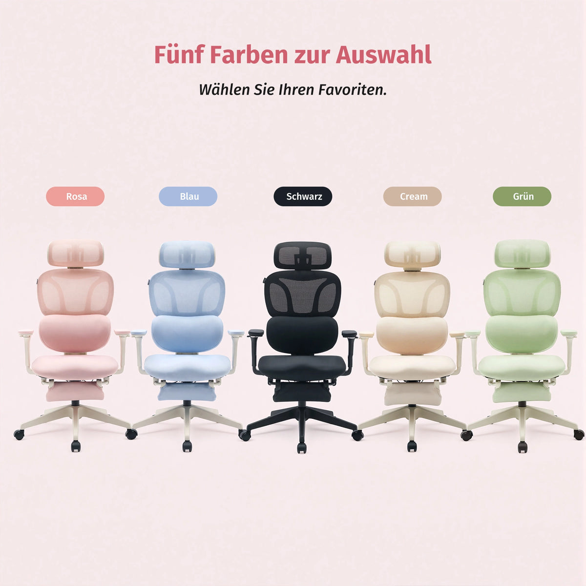 Ergonomische Bürostühle in fünf Farben mit gepolsterter Kopfstütze und Rollen