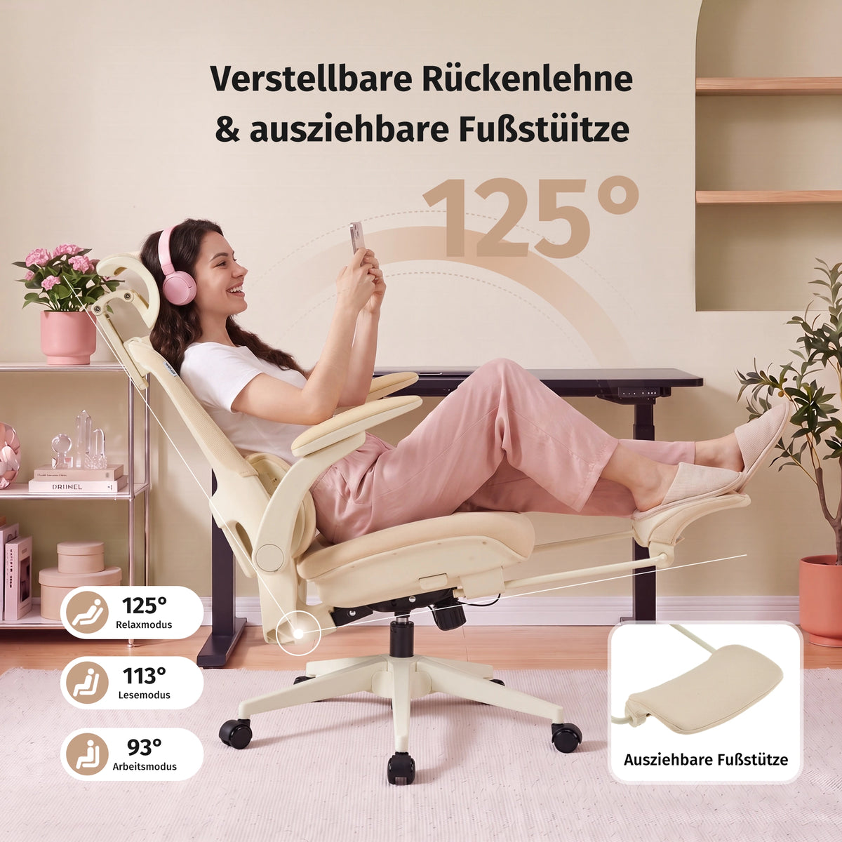 Ergonomischer Bürostuhl mit ausziehbarer Fußstütze und verstellbarer Rückenlehne