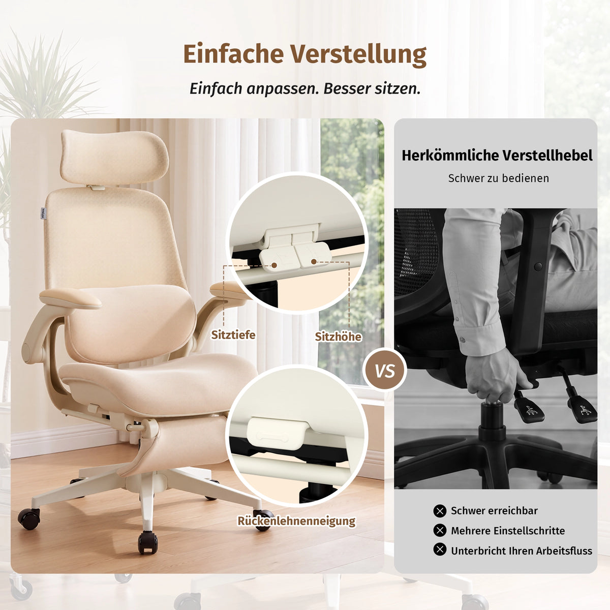 Ergonomischer Bürostuhl mit hellbeigem Sitz, hochklappbaren Armlehnen und Rollen