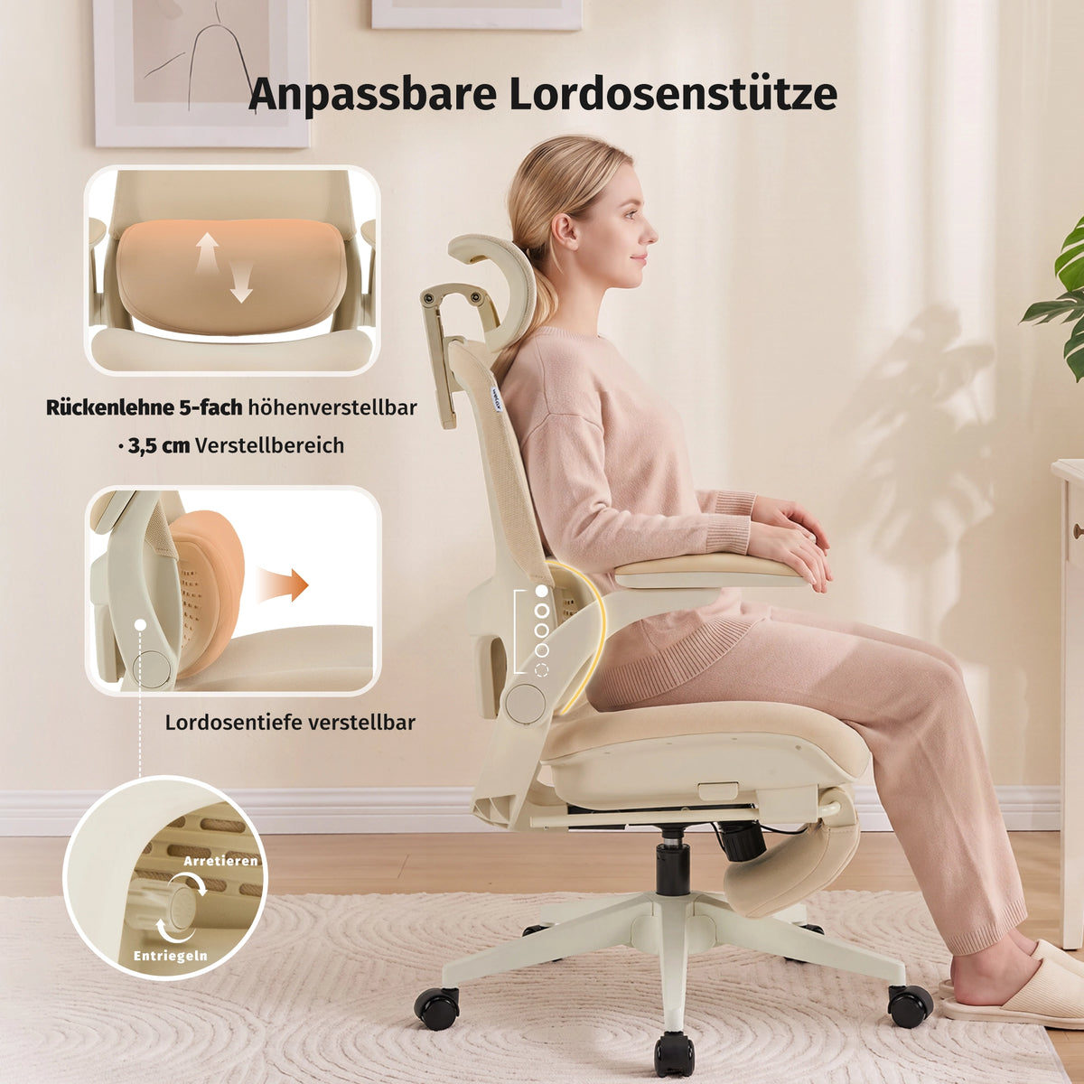 Ergonomischer Bürostuhl mit anpassbarer Lordosenstütze und hellbeigem Sitz