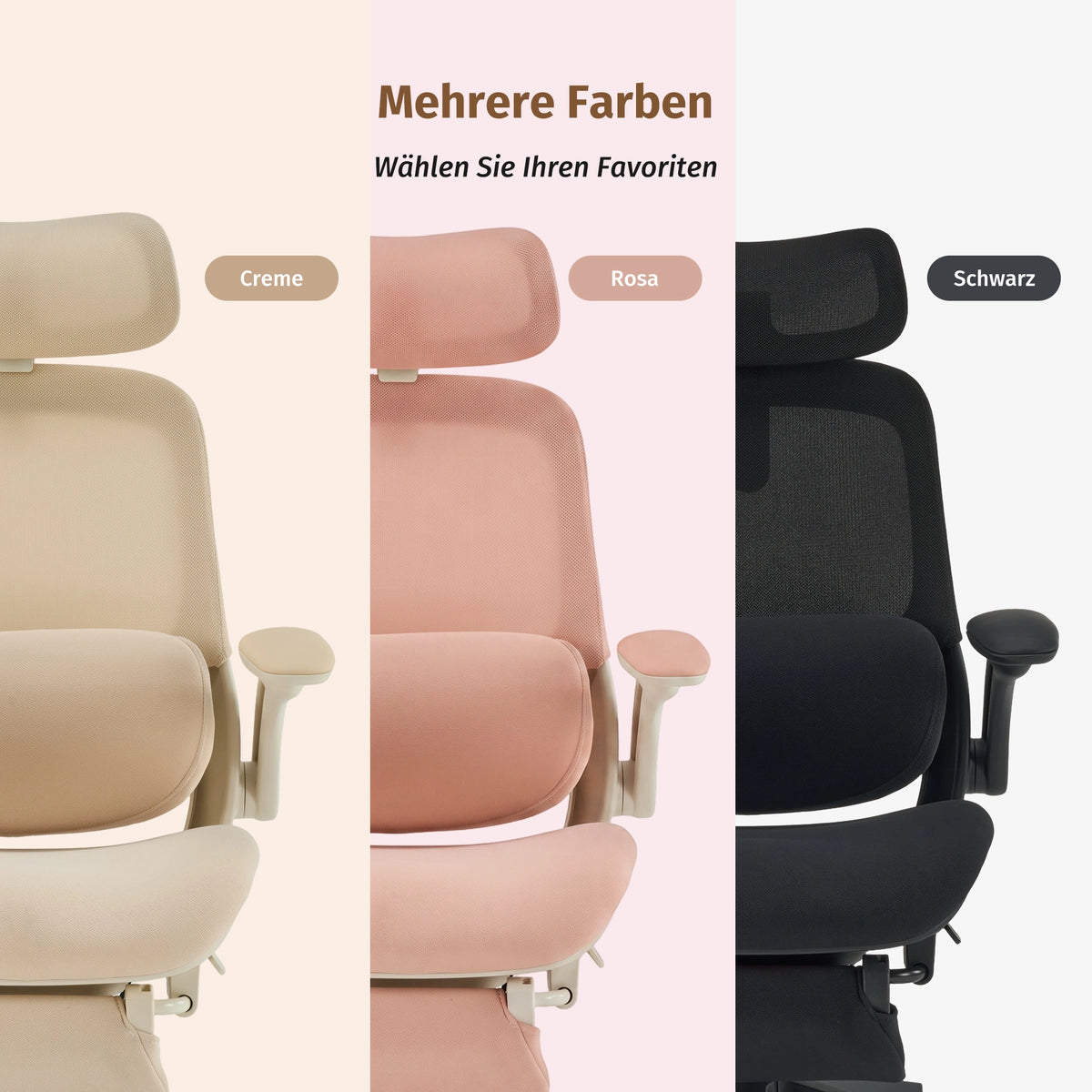 Ergonomischer Bürostuhl in Creme-, Rosa- und Schwarz-Optik mit hochklappbaren Armlehnen