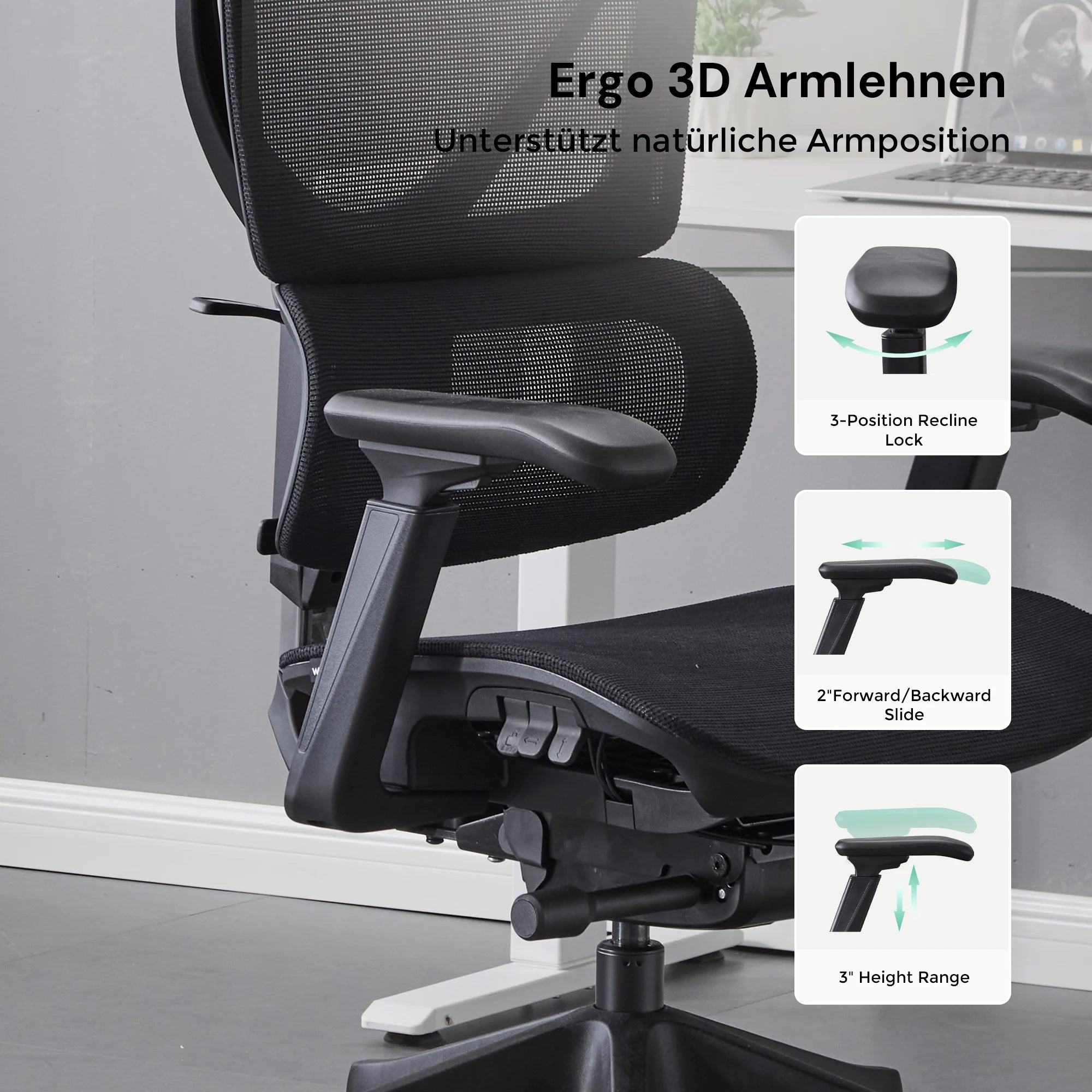 Ergonomischer Bürostuhl: schwarzer Netzrücken und Seitenwangen, verstellbarer Armlehnenbereich